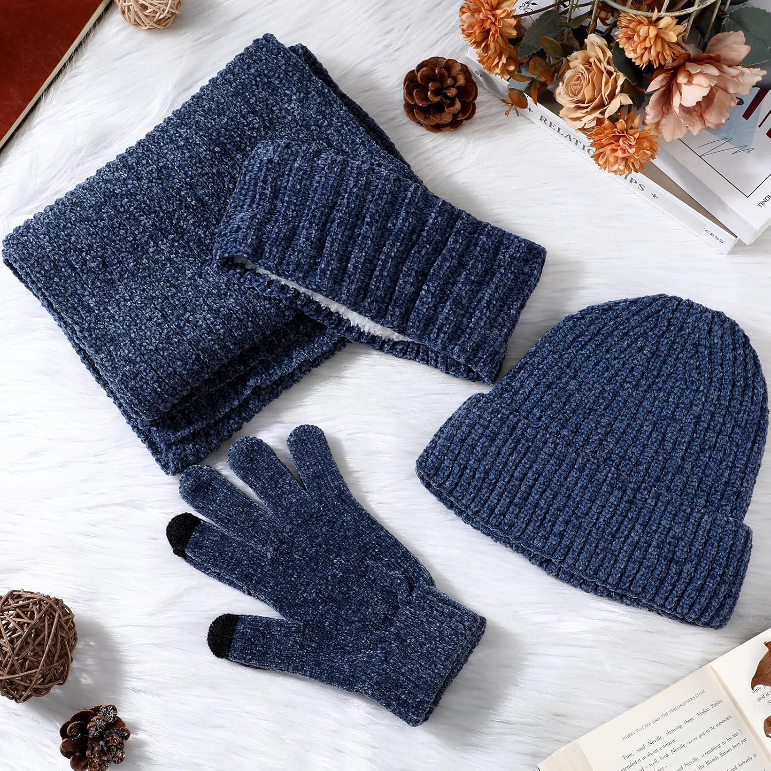 4 Pcs Winter Hat Scarf Gloves Headband Set Knit Beanie Touch Screen Gloves Long Scarf Valentine Gift for Women Men - Image 2