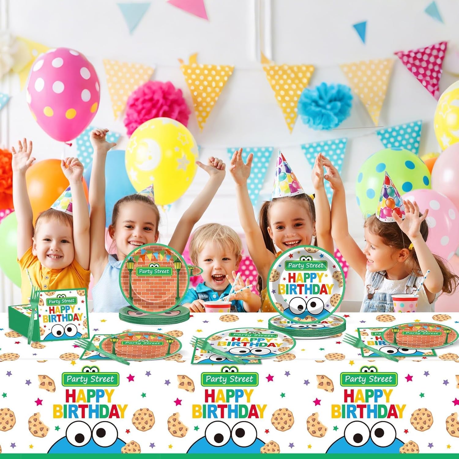 98pcs Street Theme Birthday Party Supplies Red Brick Wall Street Paper Plates Napkins Tablecloth Cookie Cartoon Friends Tableware Table Cover for Kids Baby Shower Birthday Party Decor Serve 24