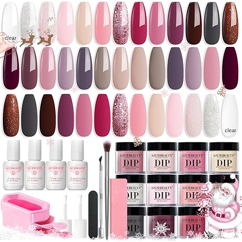 AZUREBEAUTY 31 Pcs Dip Powder Nail Kit Starter 20 Colors Clear Nude Pink Brown Glitter All Season Acrylic Dipping Powder Liquid Set with Top/Base Coat Activator for French Nail Art DIY Salon Gift