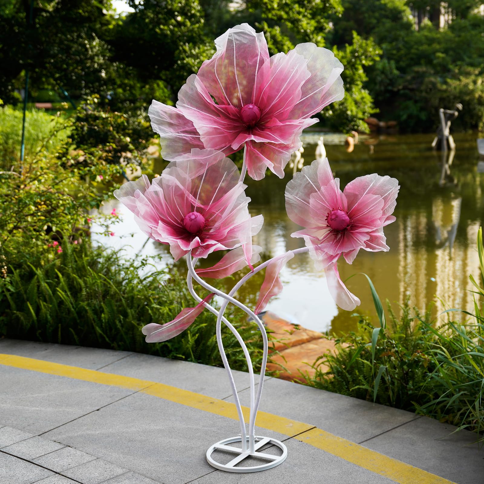 Flores gigantes para decoración, 3 cabezas grandes de seda artificial con soporte y base para recepción de bodas, fondo de banquete de fiesta, decoración del hogar (rojo)