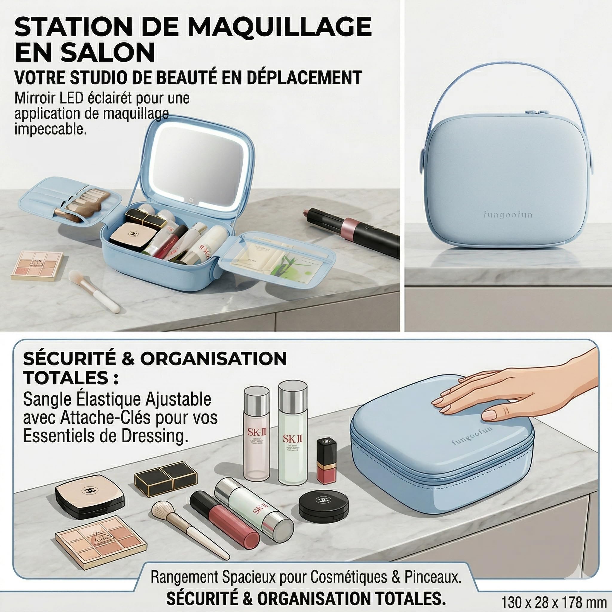 Fungoofun Astuccio per trucco da viaggio, custodia rigida anti-shoc, specchio LED ricaricabile USB-C, design compatto, blu