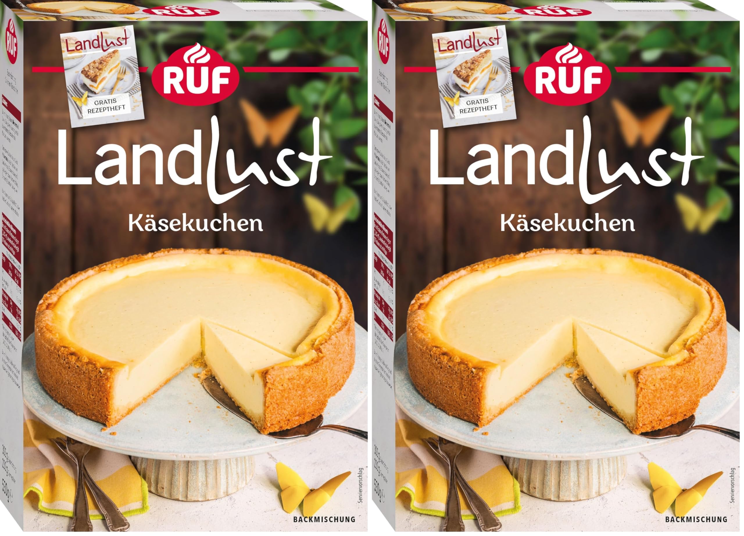 RUF Landlust Käsekuchen Backmischung, Traditioneller Käsekuchen mit echter Bourbon-Vanille, schmeckt wie hausgemacht, schneller Klassiker für besondere Anlässe, inkl. gratis Rezeptheft (Packung mit 2)