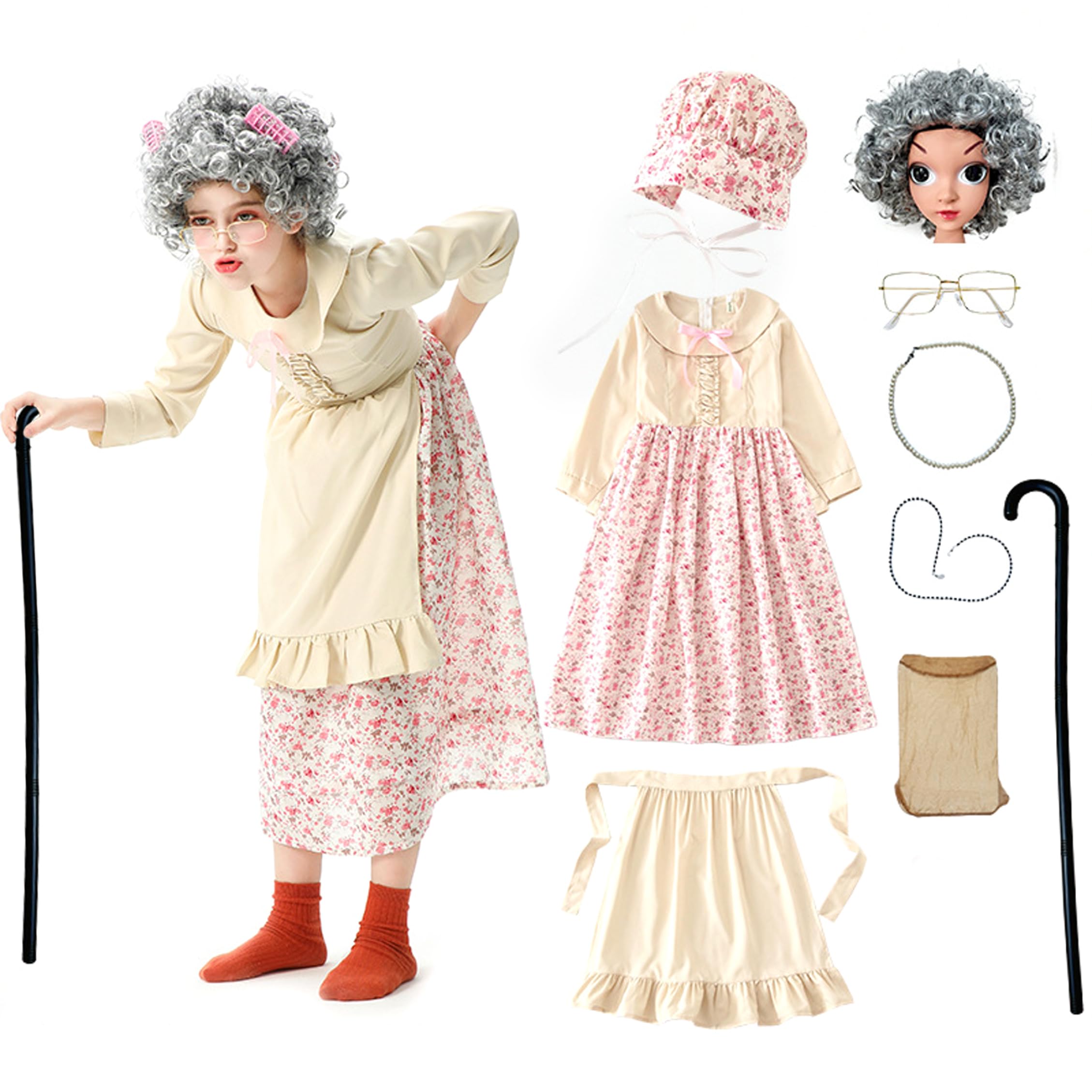 Costume da vecchia signora per bambini, costume da nonna con vestito, grembiule e foulard, da 100 giorni di scuola