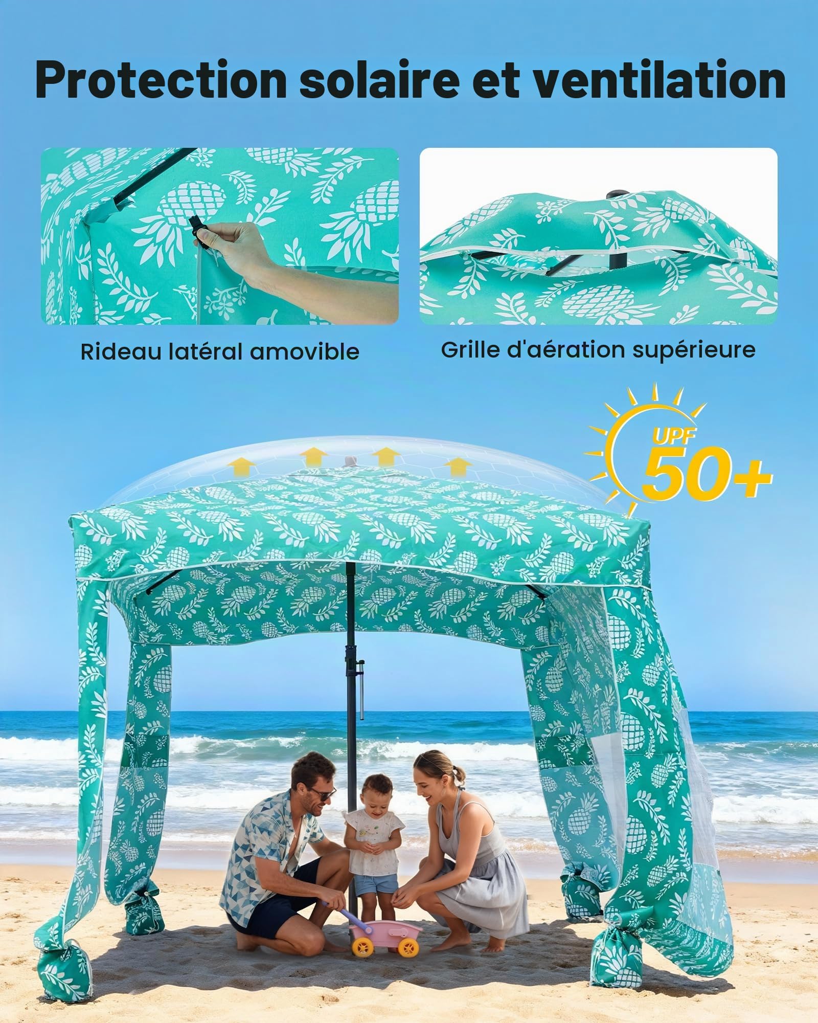 VEVOR Tonnelle de Plage 1,83x1,83 m, Abri de Plage avec Parois Latérales et Poches à Sable, Tente de Camping Extérieur Portable avec Sac, Protection UPF 50+, Hauteur Réglable, Ombrage Spacieux, Vert