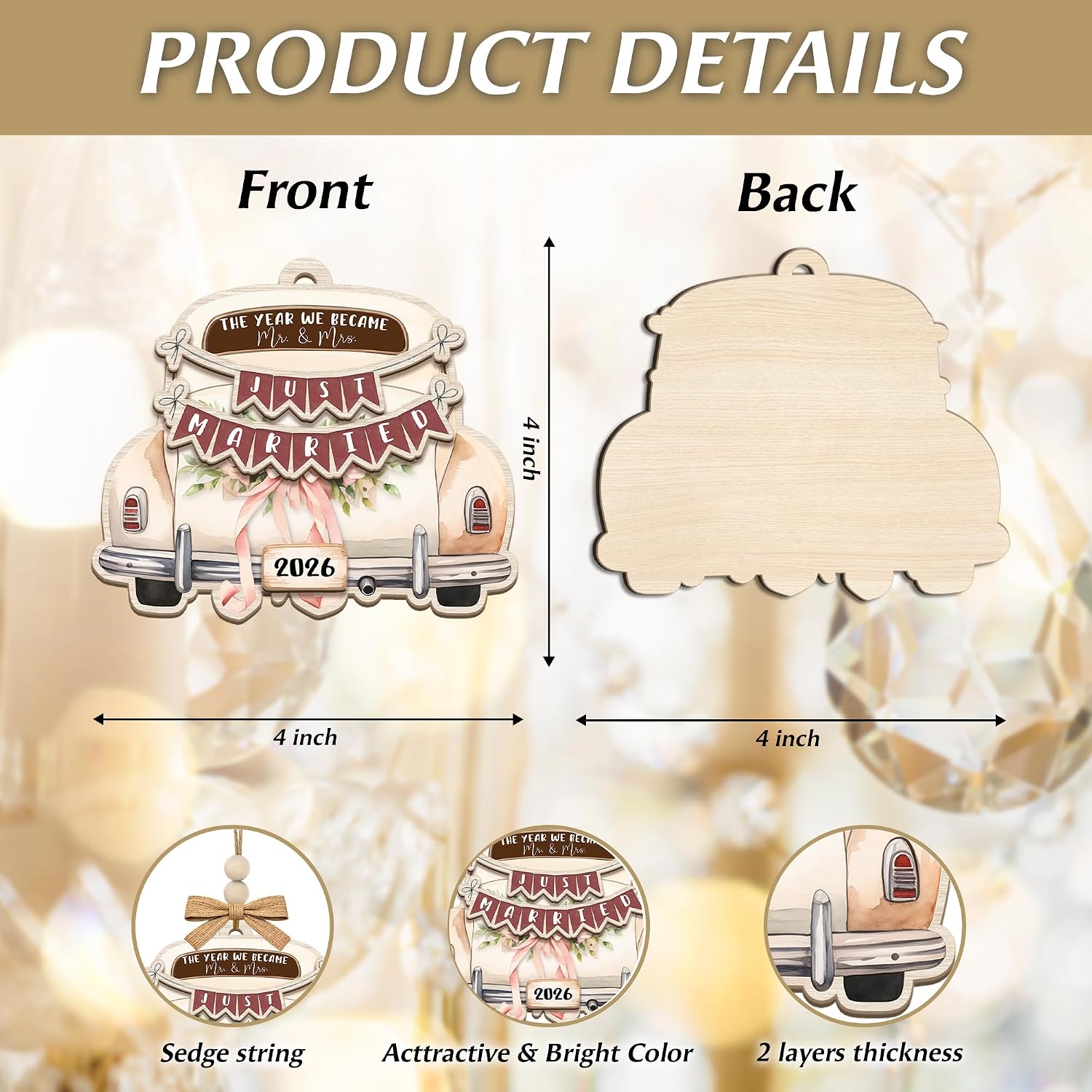 Just Married 2026 Ornament, Wooden Hanging Car Decor, Wedding Gifts for Couples, Bridal Shower Gifts for Bride Groom Honeymoon Gift Idea, Engagement Decorations Mr and Mrs Keepsake image 5