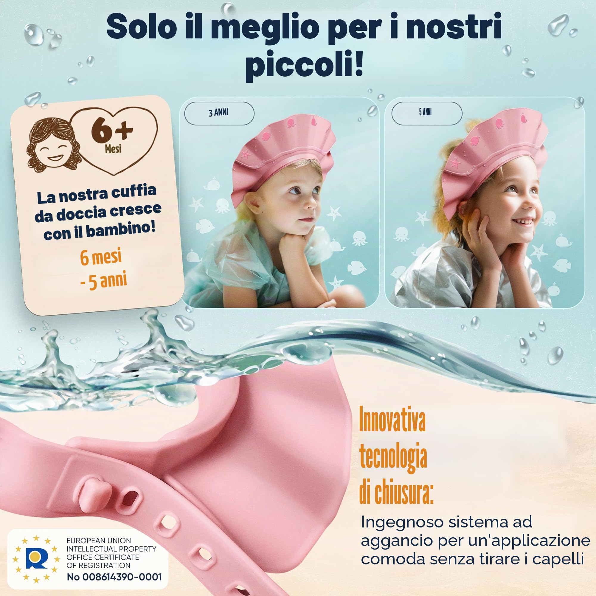 Cuffia da doccia per bambini, estremamente impermeabile e confortevole, aiuto per il lavaggio dei capelli per bambini, con tecnologia di chiusura extra leggera