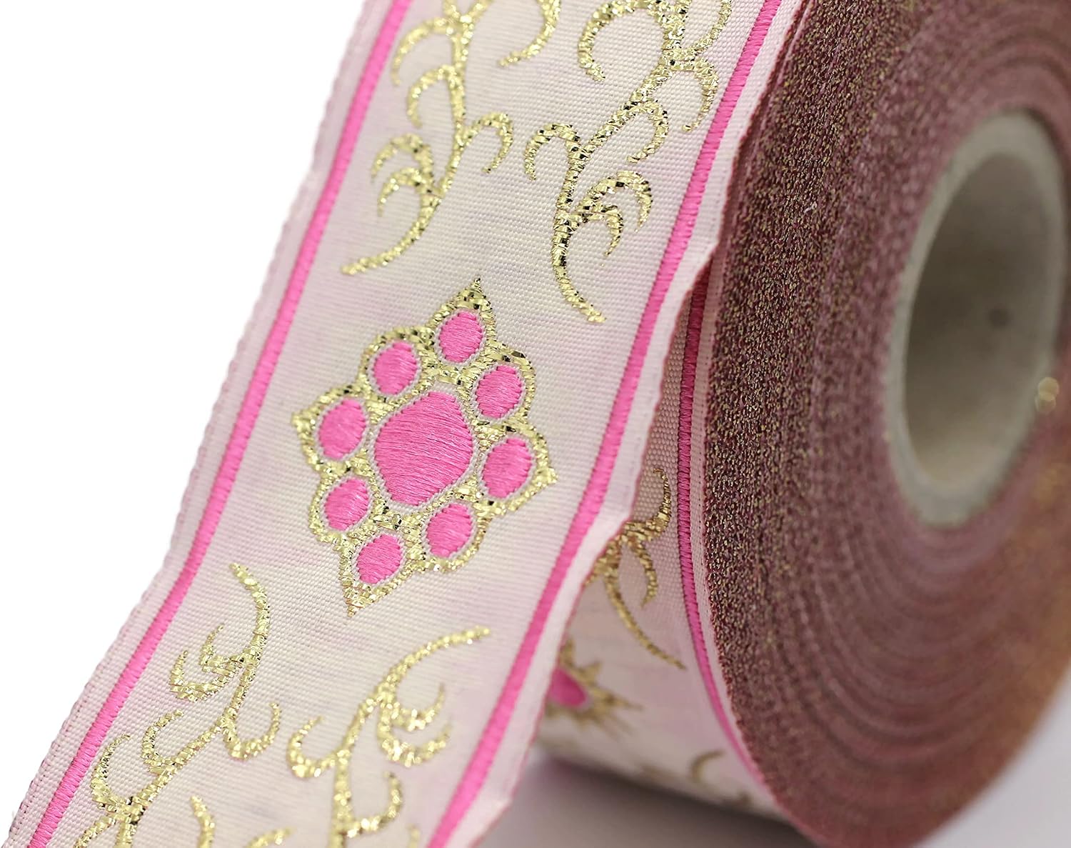 11 Yard Spool 1.37 inches Wide Pink White Cat Paw Jacquard Ribbon Woven Embroidered Sewing Trim Decorative Fabric 35806
