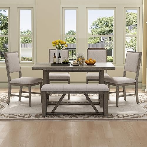 Miniatura 33 de Juego de mesa de comedor de 6 piezas, mesa de comedor de madera y 4 sillas y banco tapizados con esquinas lisas, juego de comedor para 6 personas