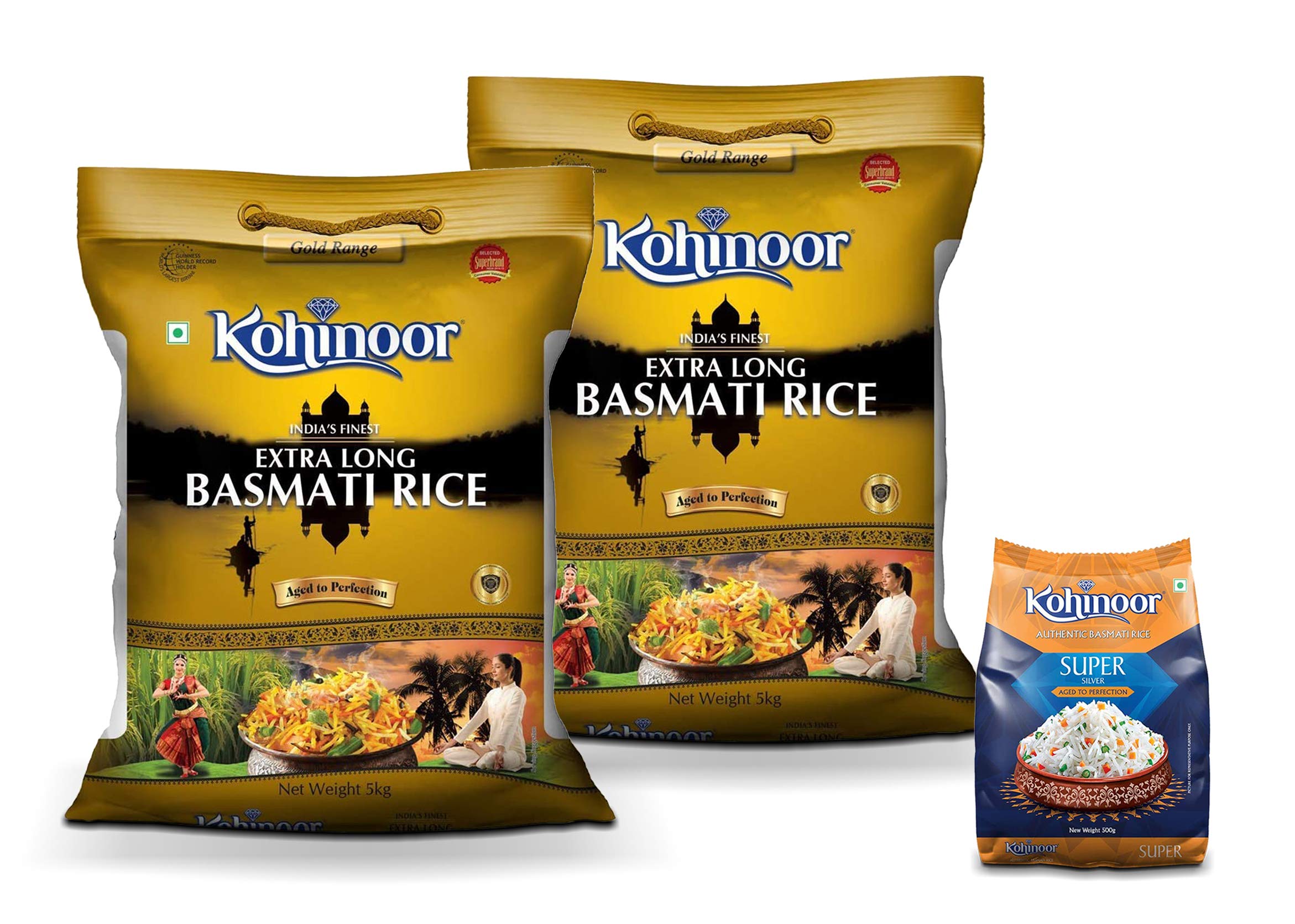 Kohinoor Extra Long Gold Basmati Rice, 5 Kg (Pack of 2) + Super Silver Aged Basmati Rice, 500 gm
