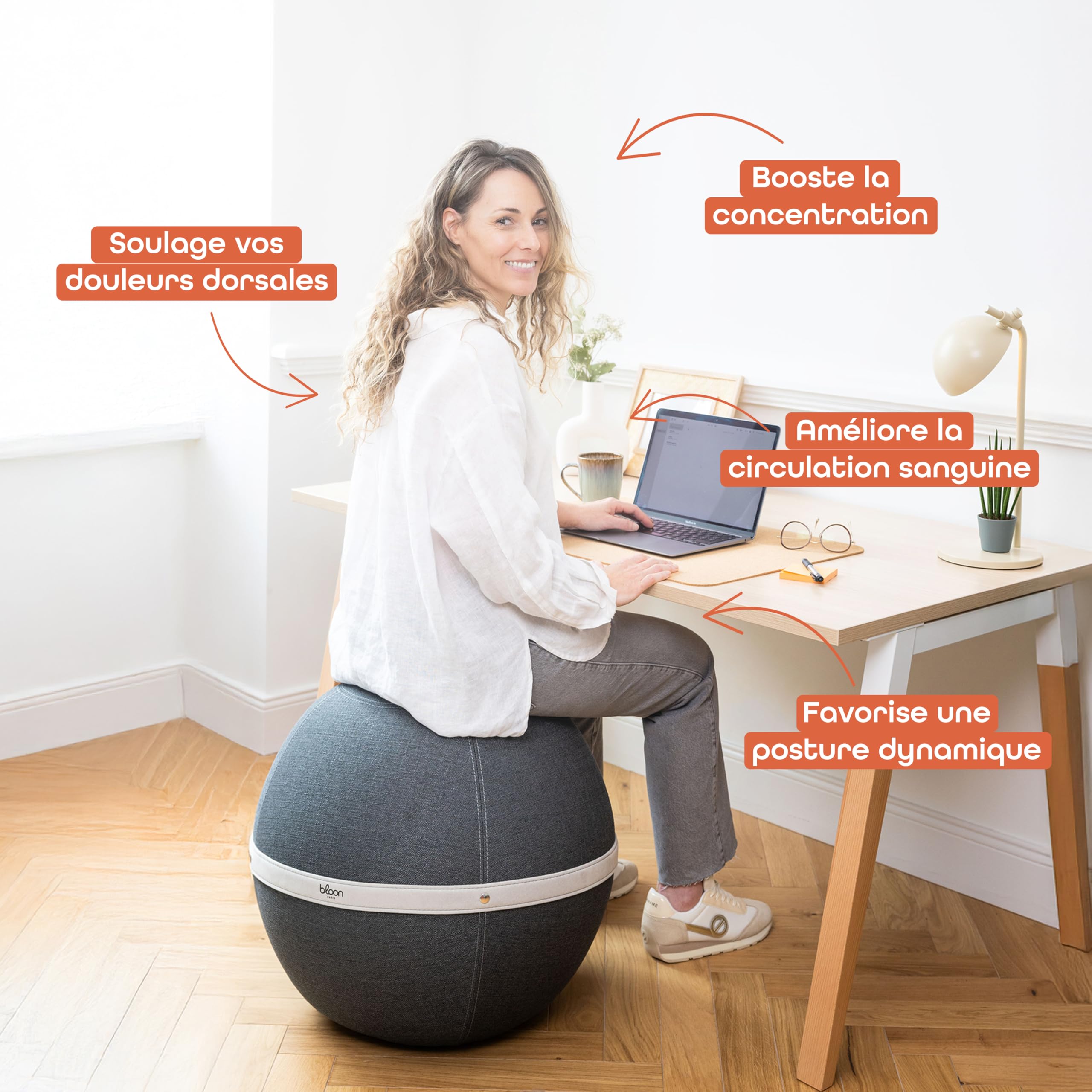 Bloon Siège Ballon Bureau Ergonomique - Anti Mal de Dos ou Sciatique - Confortable pour Bureau ou Télétravail - Chaise Ballon 65cm de diamètre (Jaune, XL)