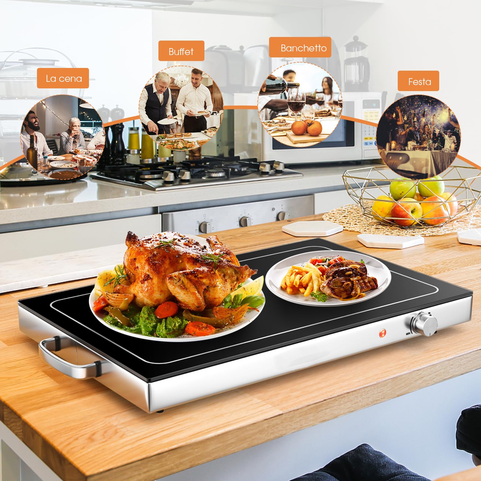 GYMAX Vassoio Scaldavivande Elettrico, Scaldavivande con Temperatura Regolabile in Acciaio Inox, Scaldavivande per Buffet con Superficie in Vetro e Maniglie Fredde, 56 x 36 cm