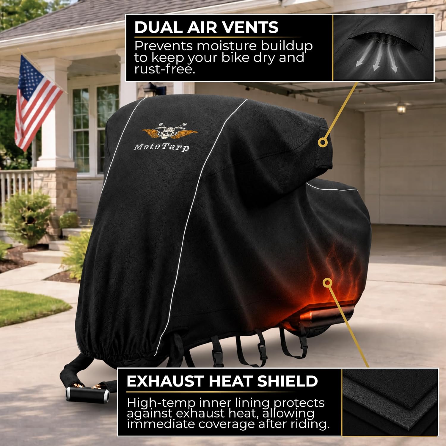 600D Heavy Duty Motorcycle Cover Waterproof Outdoor Storage All-Season Weatherproof Protection with Air Vents, Wheel Lock Slots, Exhaust Heat Shield, Reflective Strips and License Plate Window