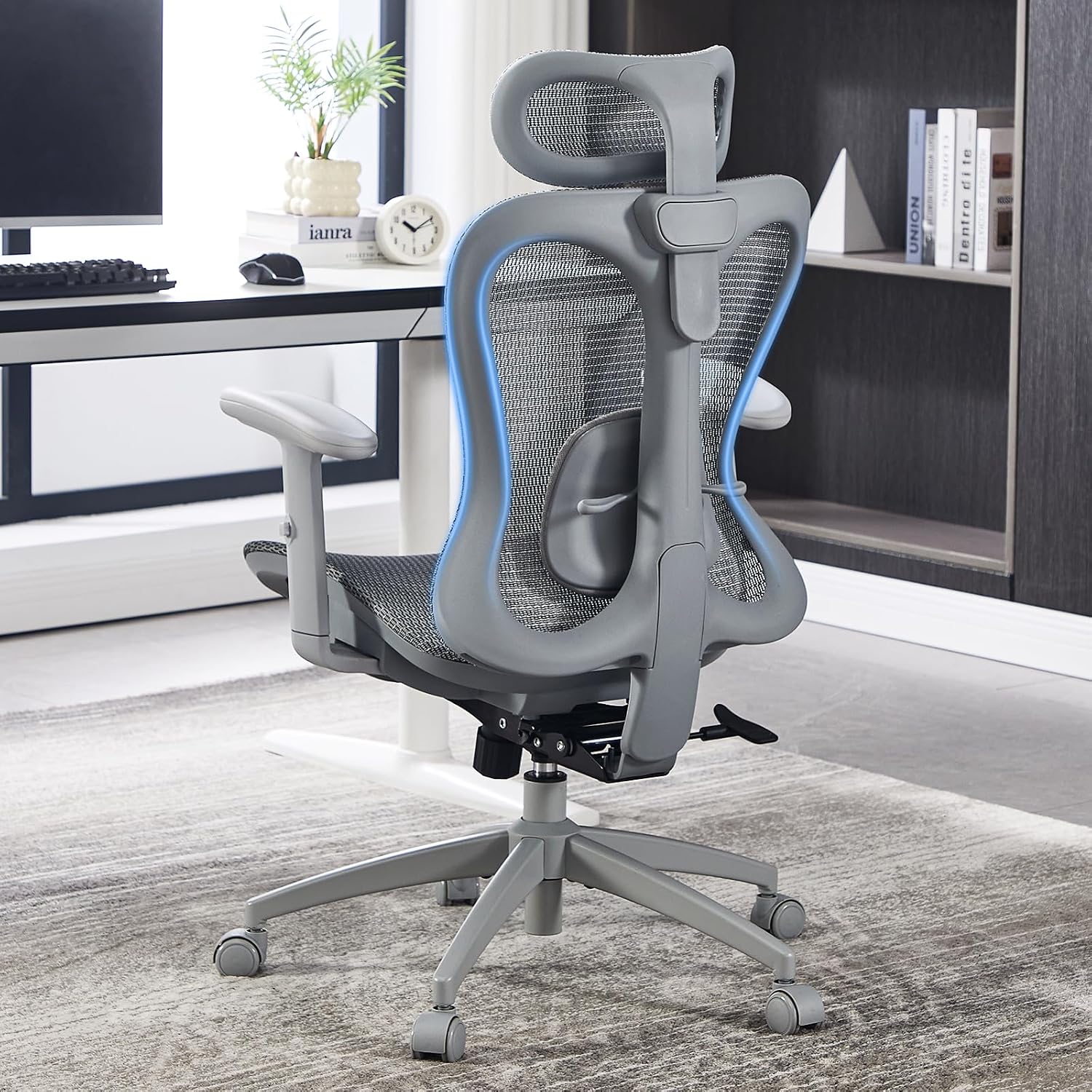 (-49%) LukkDys Ergonomischer Bürostuhl mit Kopfstütze, klappbaren Armlehnen, atmungsaktiver Netz-Rückenlehne im Schmetterlingsdesign, höhenverstellbar, Wippfunktion, Drehstuhl für Homeoffice & Büro, Grau
