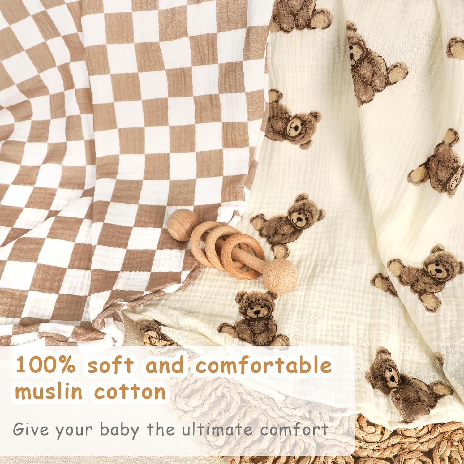 Hooyax Muslin Baby Lounger Cover 2 Pack - 100% Breathable Cotton Soft Infant Lounger Covers, Fits Most Standard Newborn Loungers & Pillows (Coffee Checker+Bear)