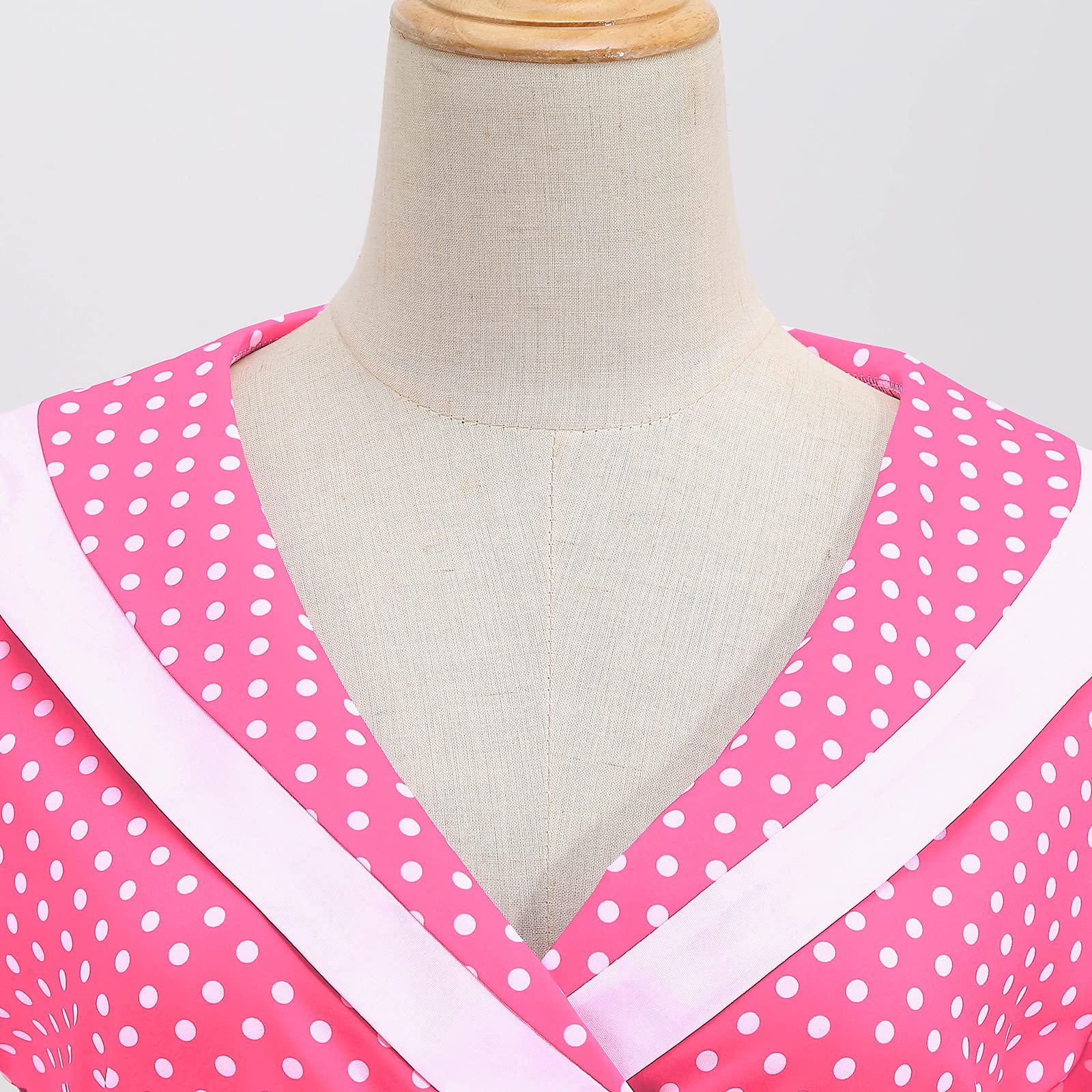 Robe de cocktail vintage à manches courtes et col en V pour femme - Style années 50 et 60 - Rockabilly - Robe midi, Rose à pois, XX-Large