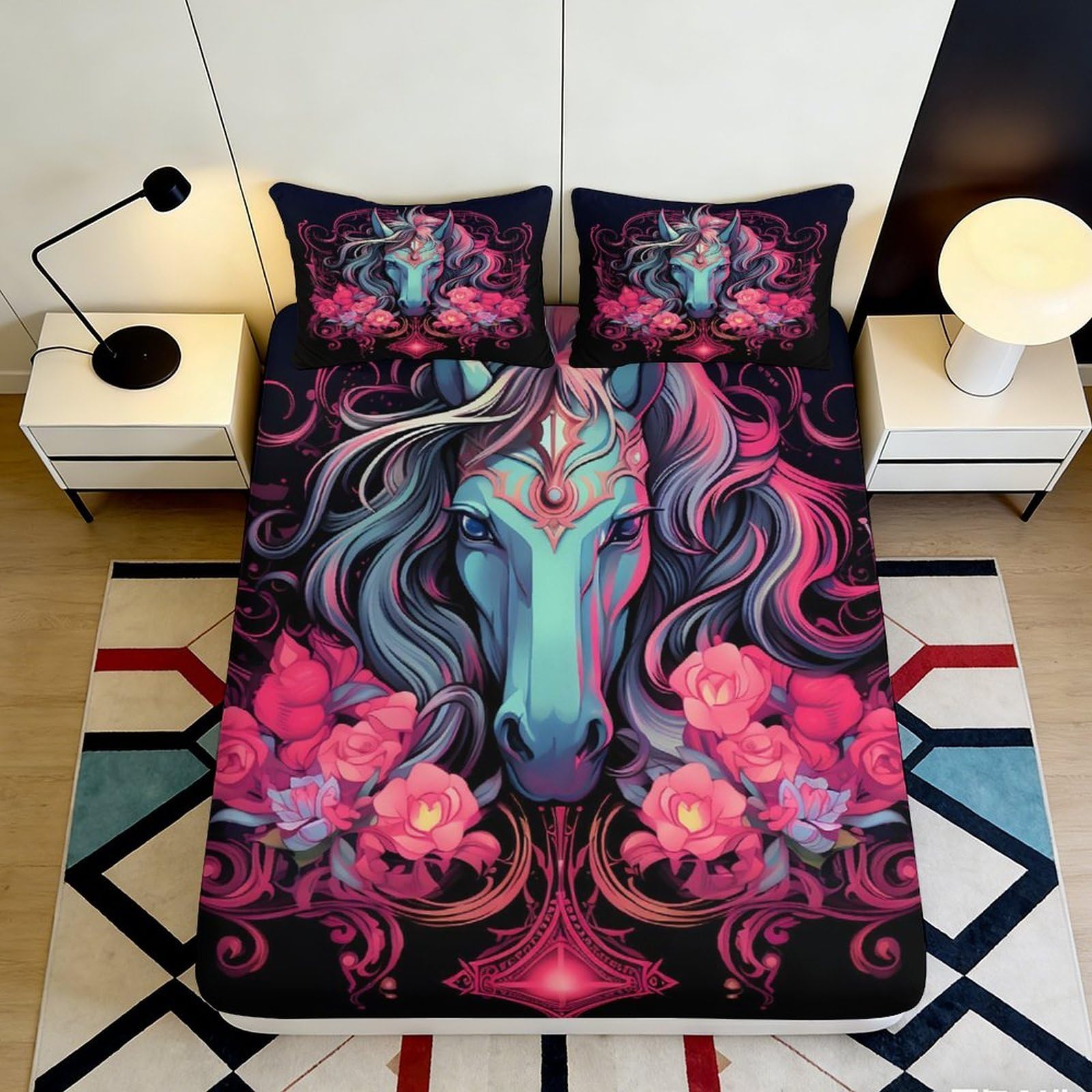 3D Printed Unicorn Floral Fitted Sheet Microfiber Soft Breathable Mystical Horse Bed Cover for Bedroom Dormitory Guest Room Mattress Protection Decor 180x200x25cm