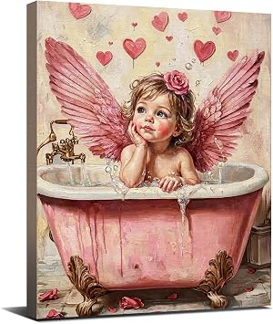 VKYN Cute Pink Angel Bathroom Wall Art, Funny Angel Baby in Bathtub Canvas Print, Framed Poster Painting for Home Bathroom Wall Decor 8x10 Inch