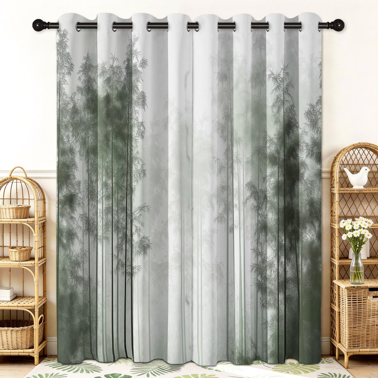 117 x 229 cm Termiczne zasłony zaciemniające zestaw 2 sztuk, mgła leśna i bambusowa zasłona zaciemniająca z oczkami do sypialni, redukcja hałasu, szaro-biała