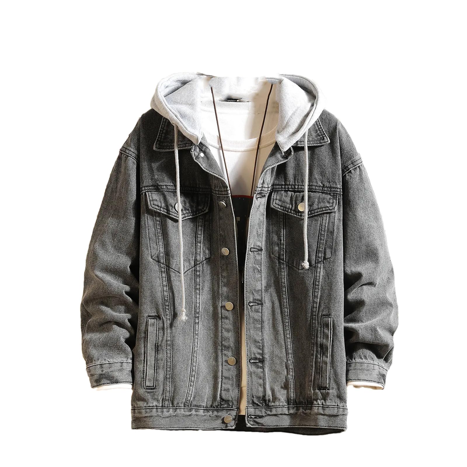 Veste en jean homme à capuche amovible et col rabattu bleu marine style décontracté