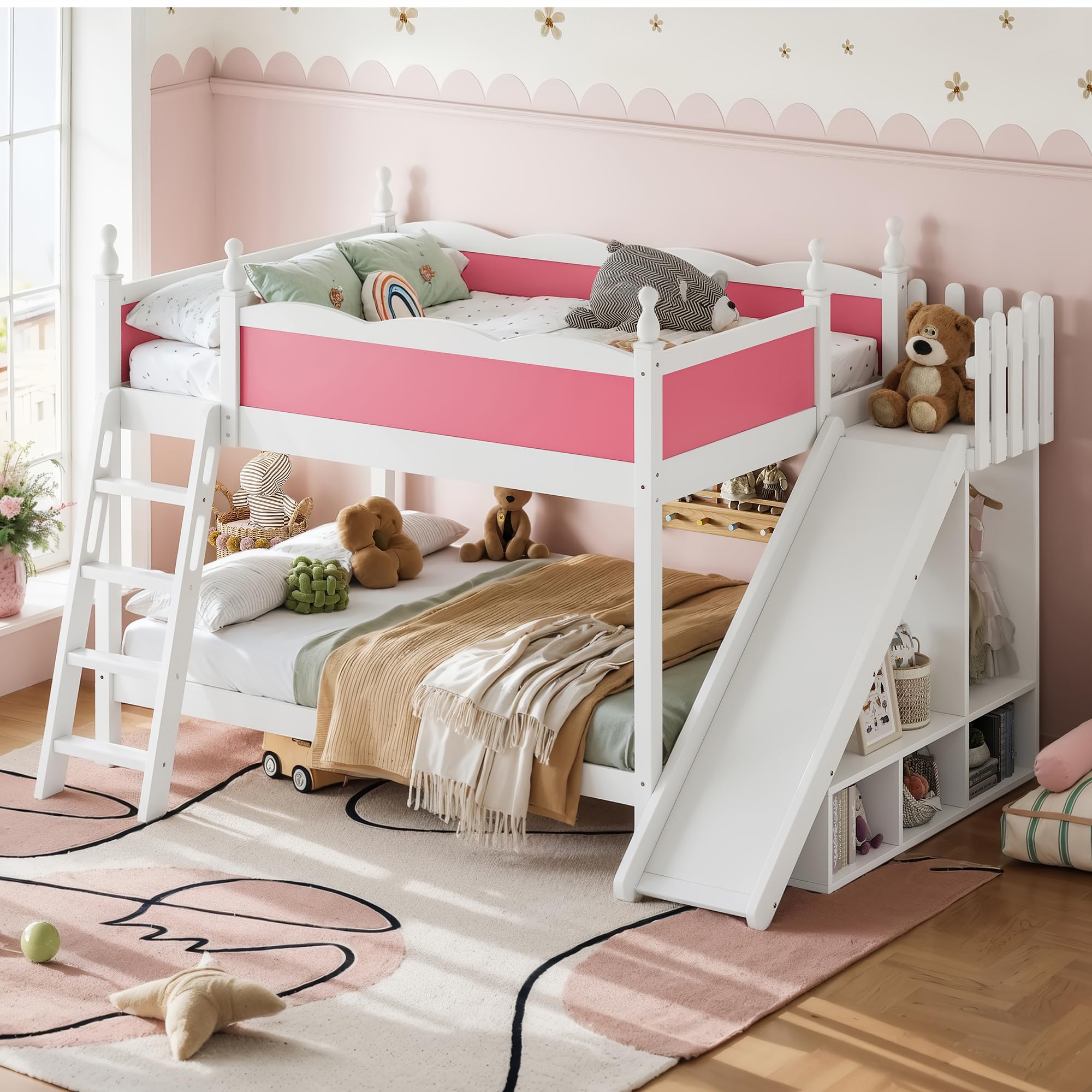 Bellemave Bunk beds Full Over Full with Slide and Stair, Low bunk/loft Bed for Kids，Pink and White