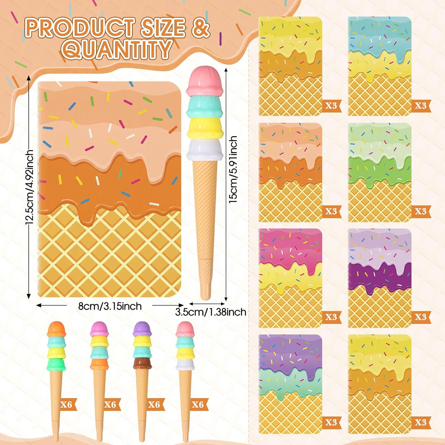 Qeeenar 48 Pieces Summer Ice Cream Party Favors 24 Pcs Colorful Notepads 24 Pcs Ice Cream Pens Summer Graduation Notebooks Pens 2026 End of the Year Gifts Bulk for Birthday Party Office Supplies