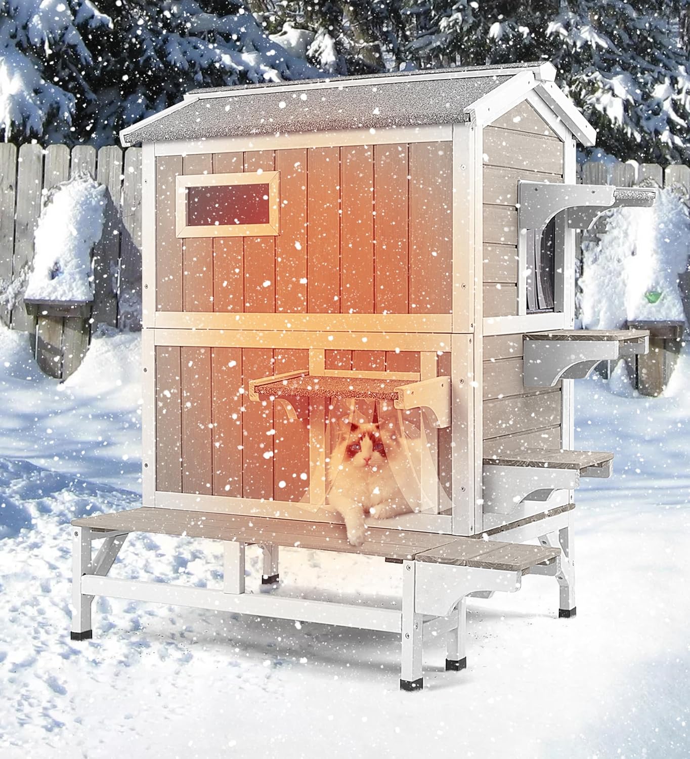 PetsCosset Outdoor Cat House 2 Story Wooden Houses for Outside Feral Cats Weatherproof Indoor Cat Condo with Large Balcony 2 Escape Doors to Enhanced Safety, Easy Slide Bottom, Simple Assembly