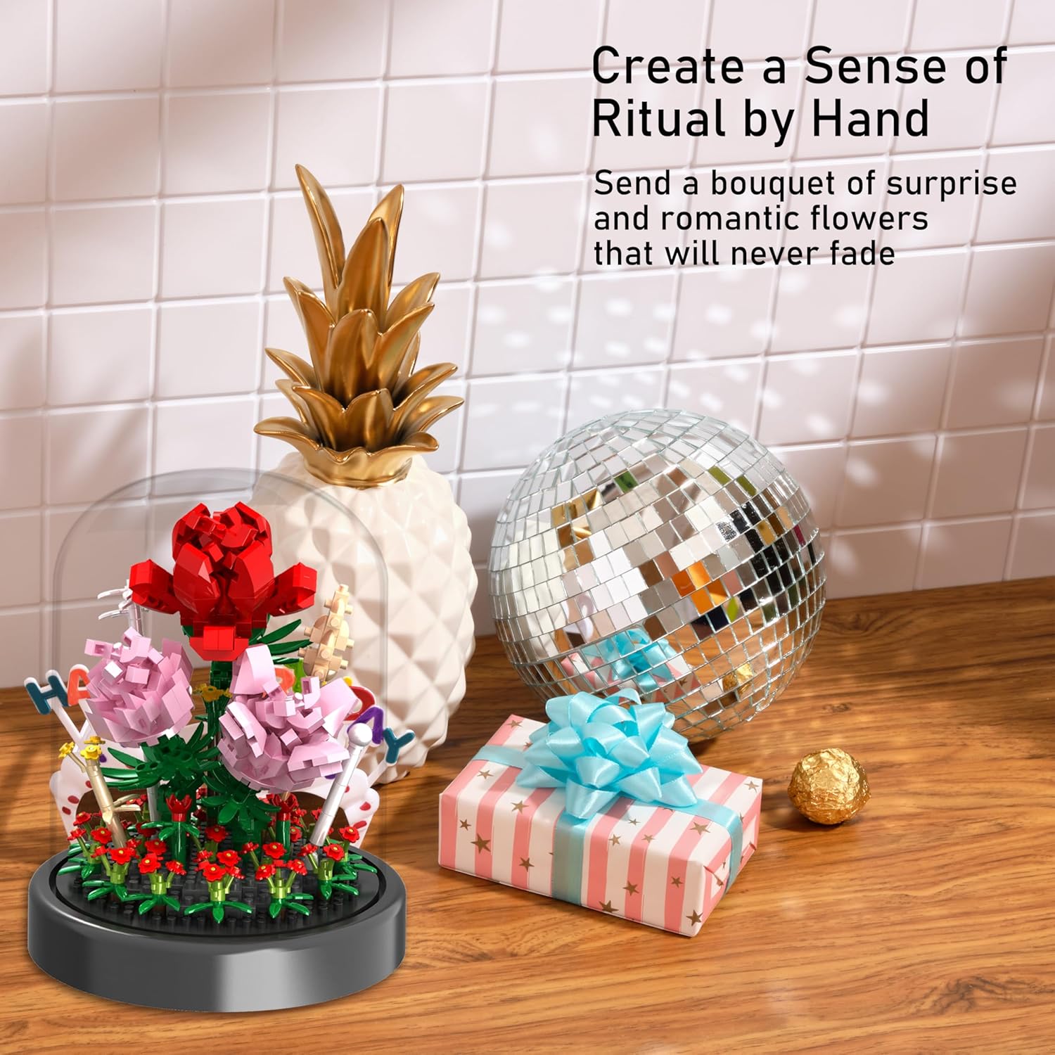 Flower Bouquet Building Kit, 524 Pcs Mini Bricks Building Blocks Sets, Forever Rose Decorated Flower with Dust Cover, Valentine's Day Gifts for Her Mom Women (Rose Flower)
