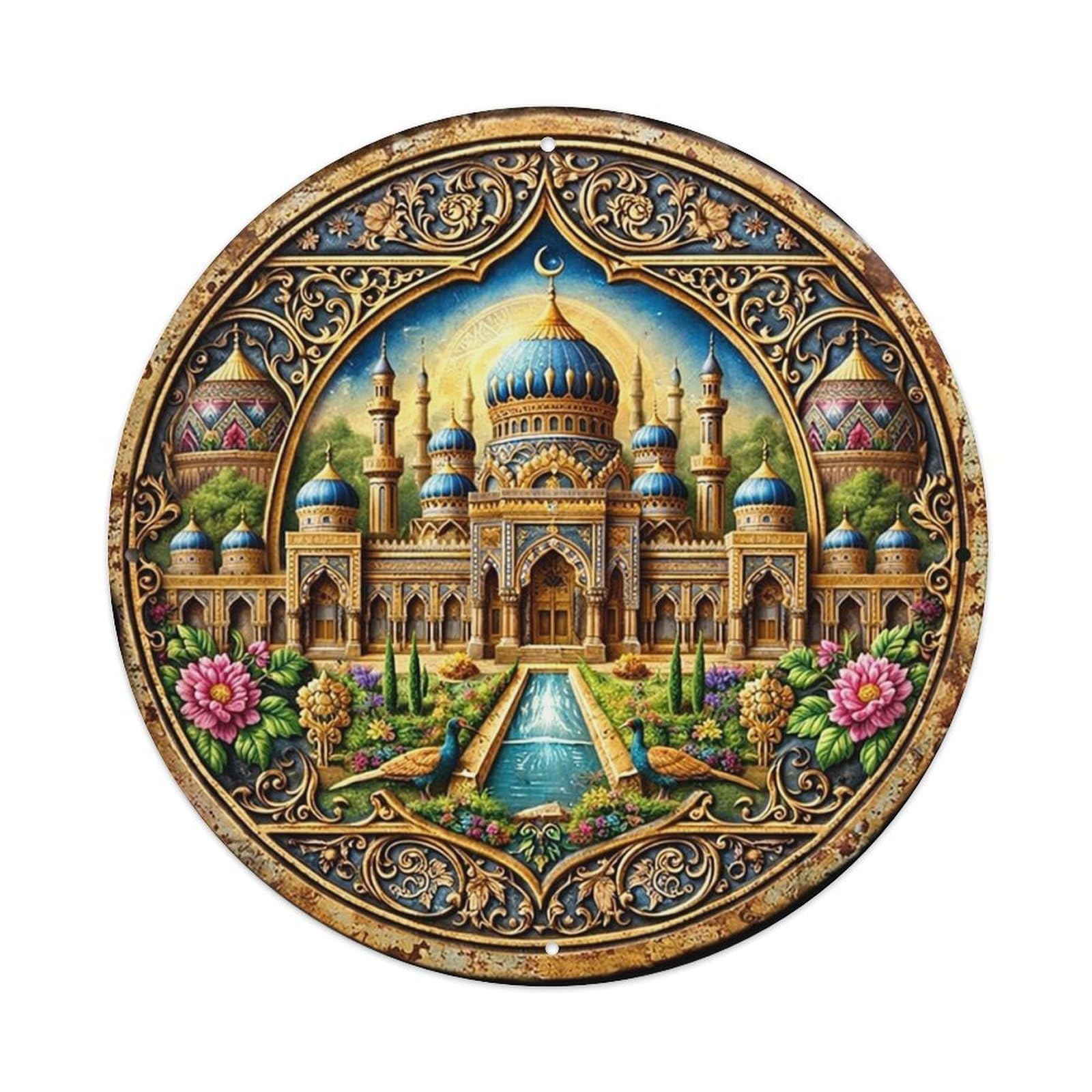 Ornate Mosque Garden Peacocks Flowers Retro Metal Sign Round Tin Sign, Vintage Decor Art Poster for Bar, Home, Man Cave, Kitchen, Laundry Room Gift 8x8Inch