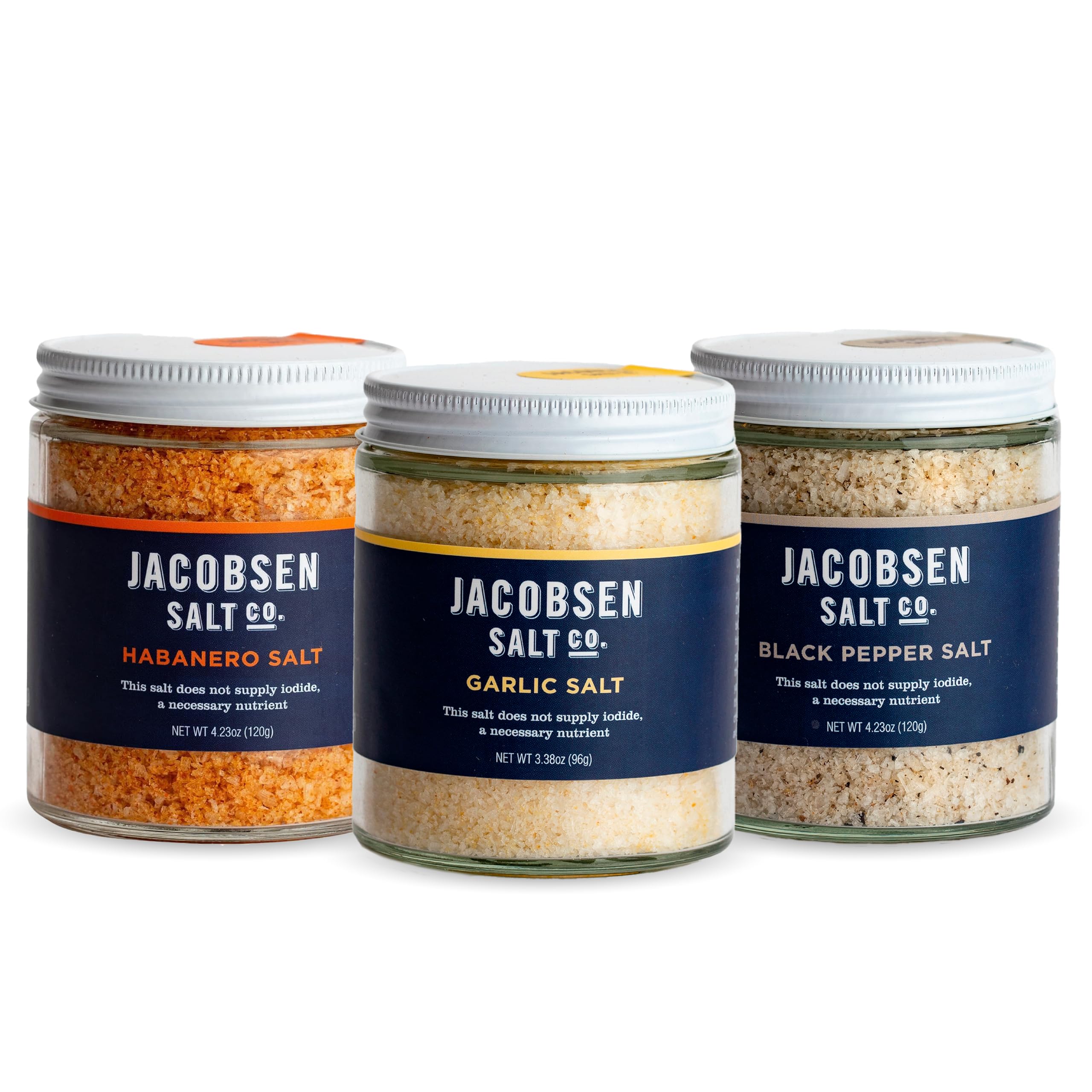 Jacobsen Salt Co.Salt Variety Pack - Kosher Sea Salt, Non-Ionized, Made in USA, Non-GMO, Steak Seasoning - Black Pepper Salt, Garlic Salt & Habanero Salt (Pack of 3)