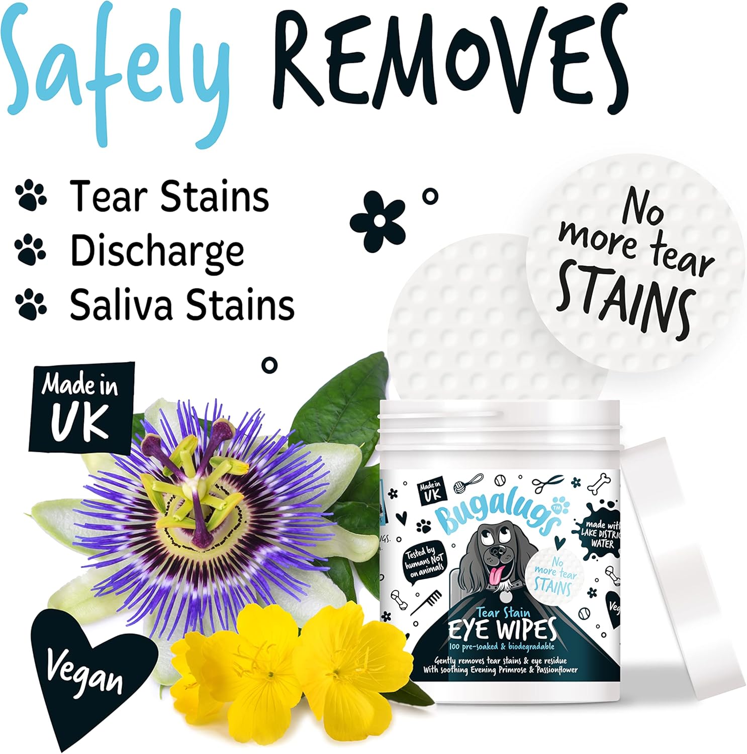 BUGALUGS Dog Eye Wipes 100 Biodegradable textured presoaked Dog Wipes. Safe & Easy Cleaning For