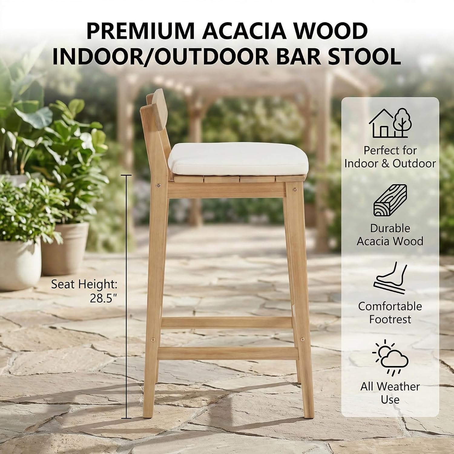 Patio Bar Stools Set of 2, Solid Acacia Wood Patio Barstools with Footrest, 28.5" Counter Height Outdoor Bar Stools, High Top Patio Bar Chairs for Balcony/Deck/Kitchen Island/Bistro, Beige