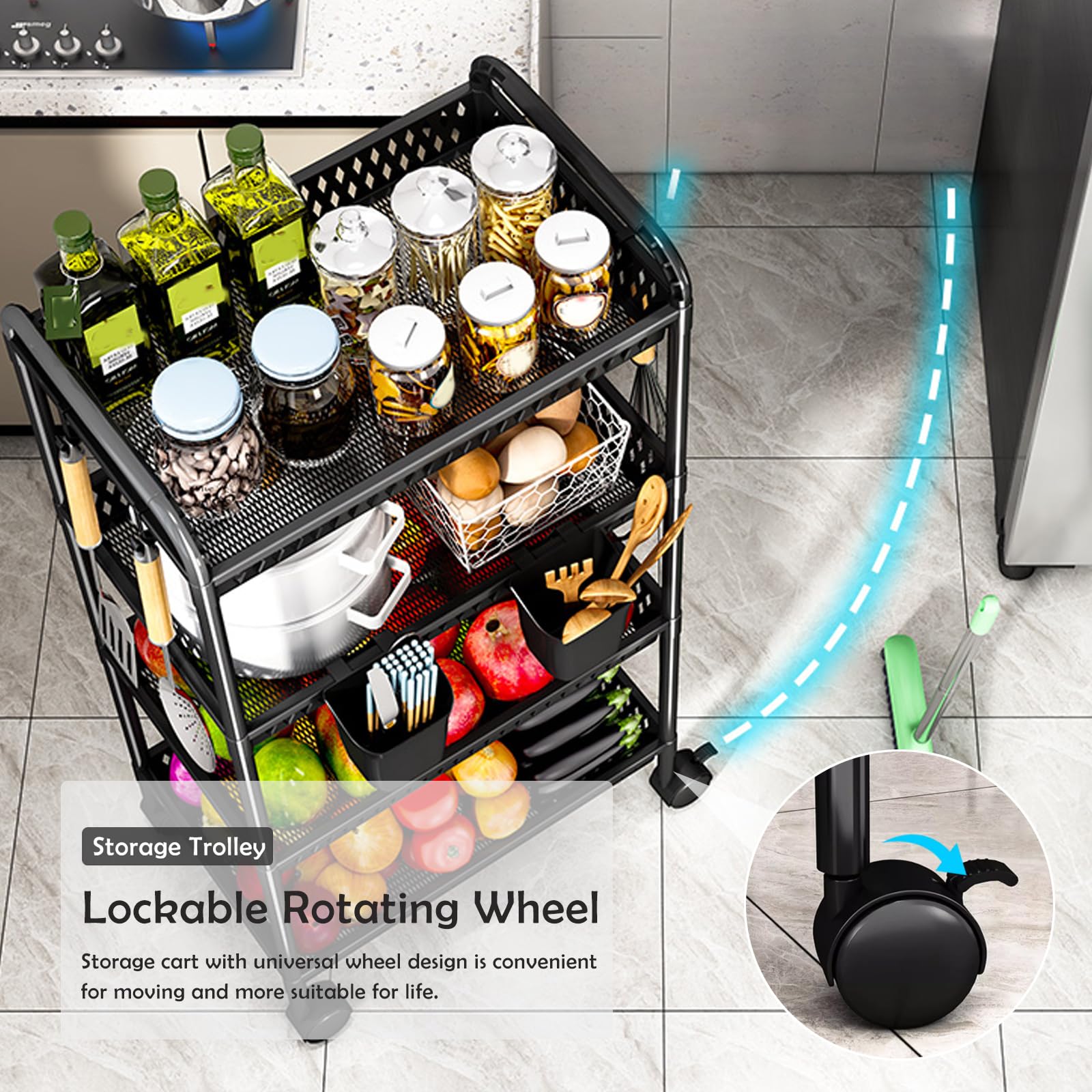 Carrito de Almacenamiento rodante de plástico de 5 Niveles - Estantería móvil para organizar Cocina, baño y lavadero - Color Blanco, diseño Compacto, fácil Movilidad