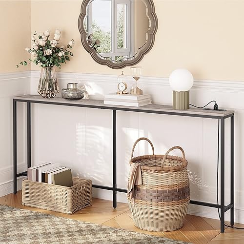 Miniatura 75 de Mesa consola con toma de corriente, mesa de sofá estrecha de 70.9 pulgadas, mesa de entrada industrial con puertos USB, mesa detrás del sofá para