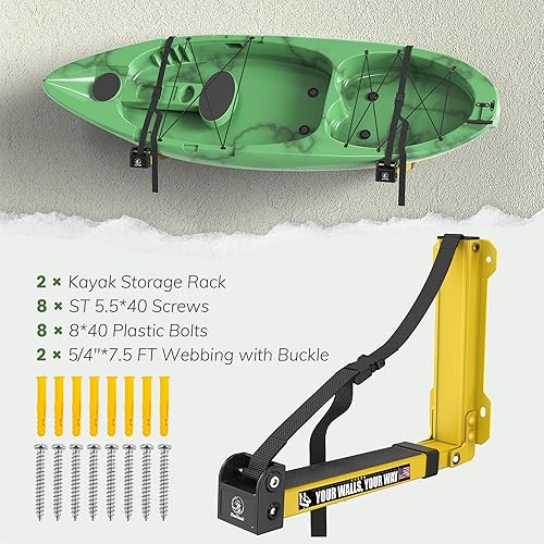 Miniatura 2 de GanFindX Estante de pared plegable para kayak, resistente de 9.5 a 13.8 pulgadas, soporte de almacenamiento de kayak y correas de hebilla de