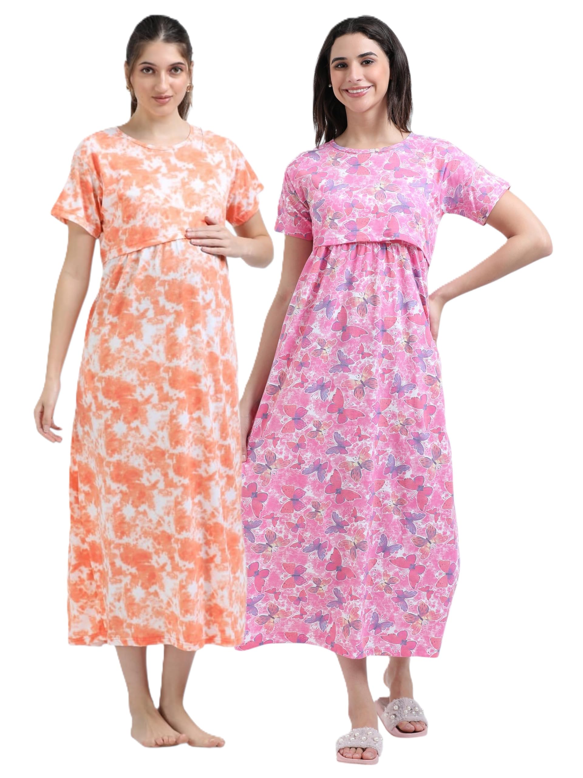 Women Maternity Zipless Feeding Nighty Front Access Nightwear, Soft & Comfortable Fabric, Relaxed Fit | Colour - Butterfly-Orange(D&D)-L-image-43