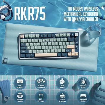 RK ROYAL KLUDGE R75 Wireless Mechanical Keyboard, 75% Percent Gaming Keyboard Gasket Mount Custom Keyboard US Layout RGB Backlit with Knob & PBT Keycaps, BT5.1/2.4GHz/USB-C, Hot Swappable Cream Switch