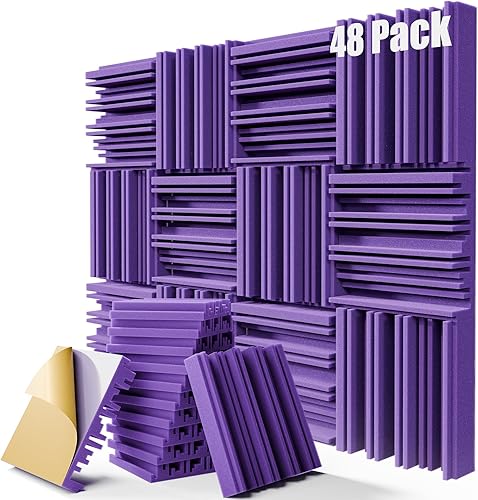 Miniatura 25 de Paquete de 24 paneles acústicos, paneles autoadhesivos de espuma a prueba de sonido de 12 x 12 x 2 pulgadas para paredes, paneles de pared