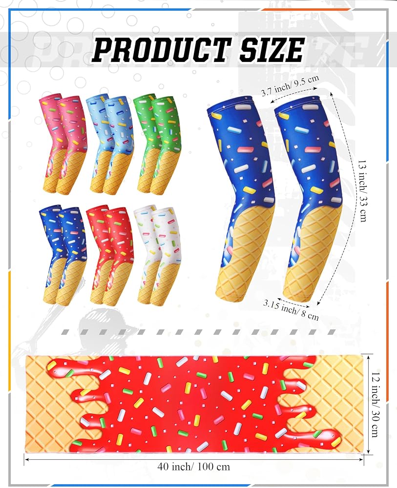 2 Pairs Ice Cream Baseball Arm Sleeves – Youth & Adult, Sun Protection & Cooling Compression, Polyester, Stretchy, Colorful – Outdoor Sports, Baseball, Football, Softball Accessories