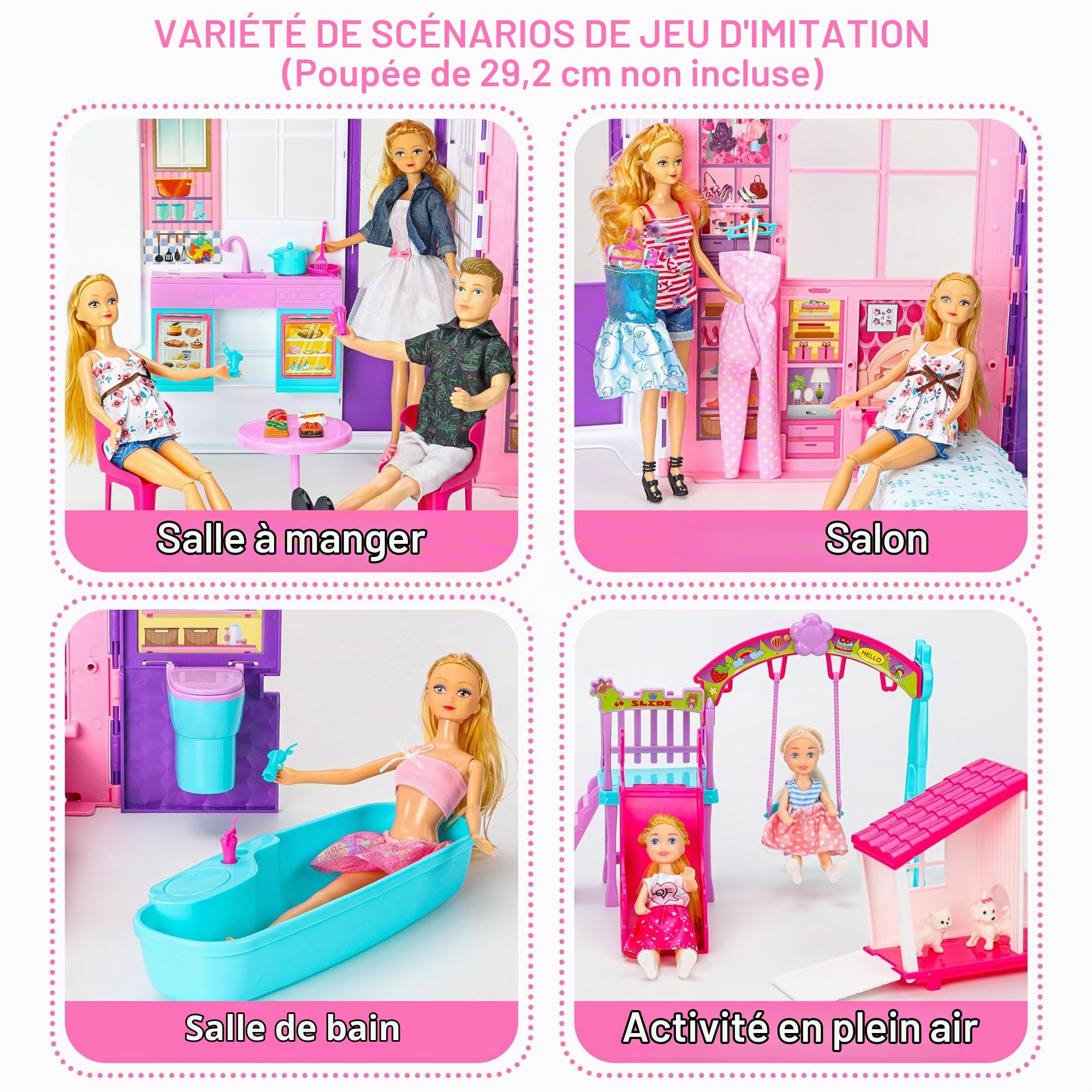 Dollhouse Gift Set for Girls - Grande maison de poupées pliable 6-en-1, de 60 accessoires avec meubles, 2 petites poupées, animaux & jeux extérieurs – Coffret portable – Compatible poupées 29cm