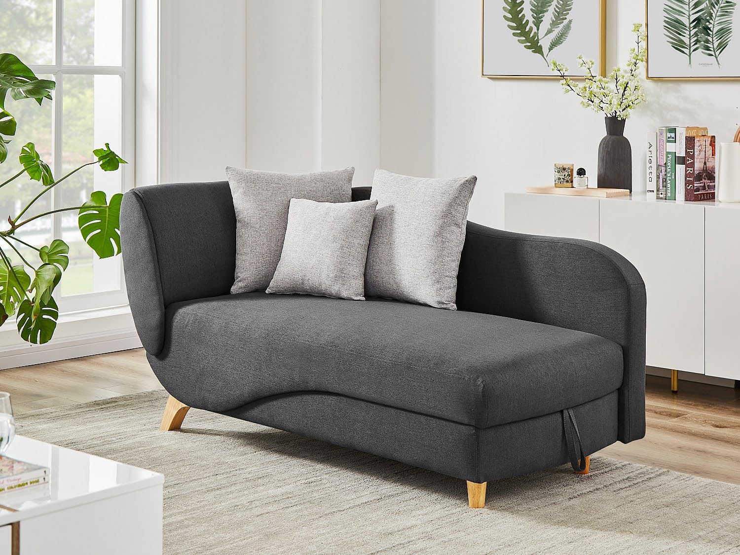 Vente-unique - Méridienne Droite Convertible en Tissu Anthracite avec Coffre de Rangement Penelope