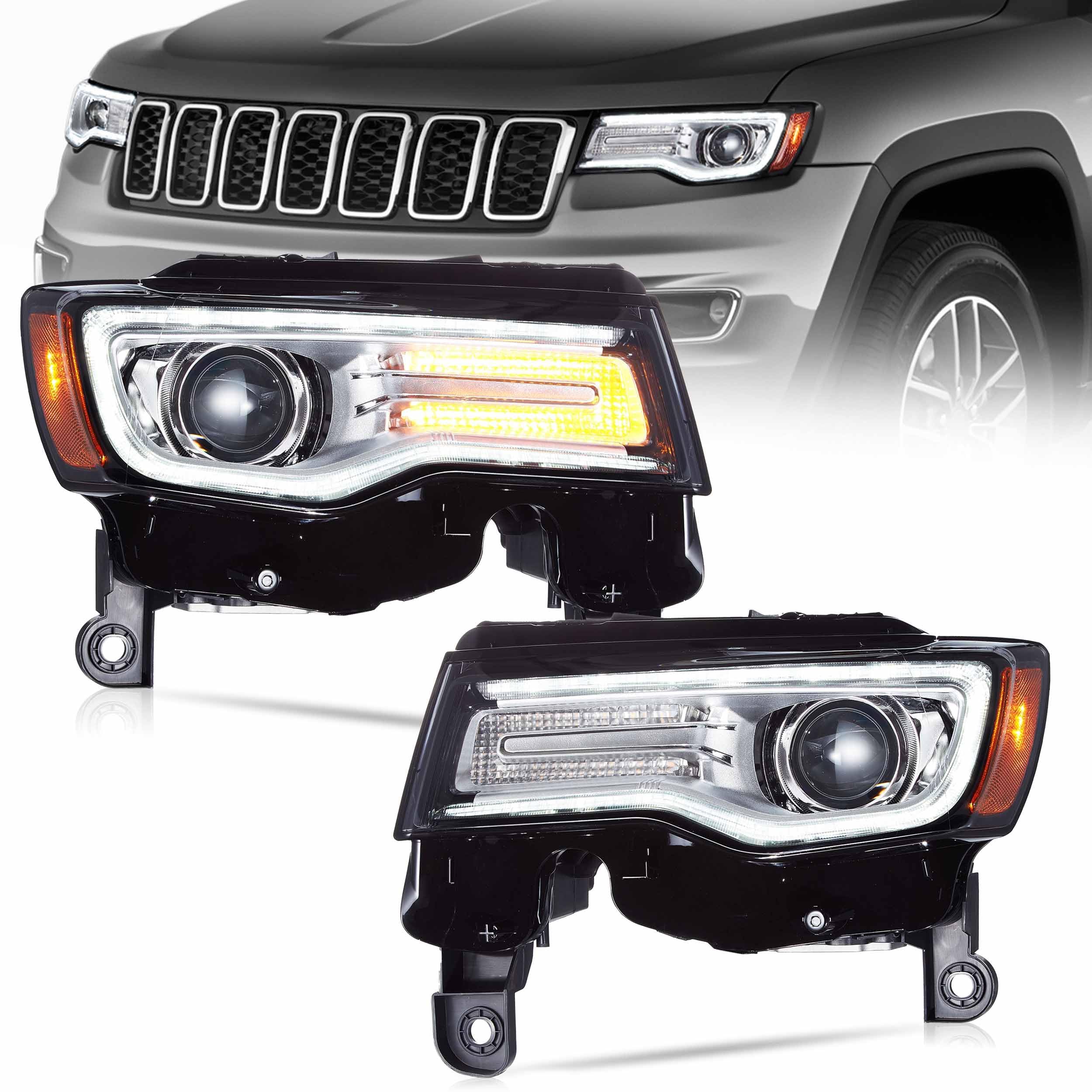 VLAND LED Headlights Fit for 2014-2022 Grand Cherokee, Front Lights with Blue Dynamic Startup DRL, W/Sequential Turn Signal, Chromed Housing