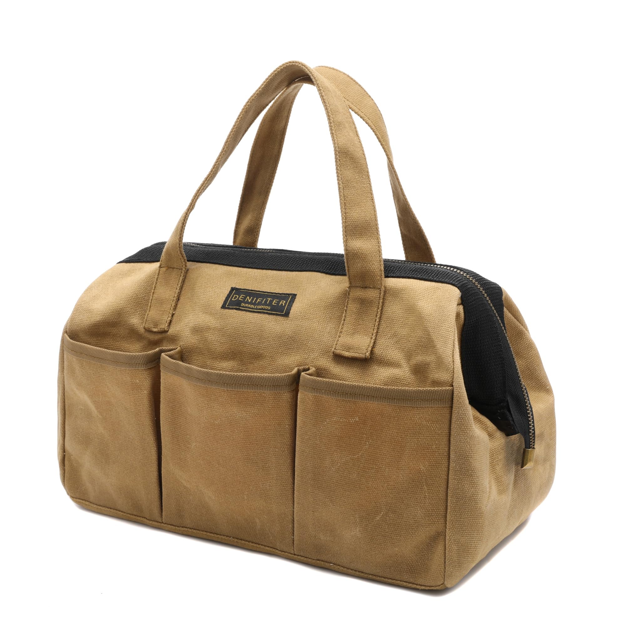 Tool Tote, 13-inch Heavy Duty Waxed Canvas Wide Mouth Tool Bag, Open Top tool Pouch with Handle for Tools, Wrenches, Screwdrivers (13 X 7.8 X 9 inch) | Khaki — image 1