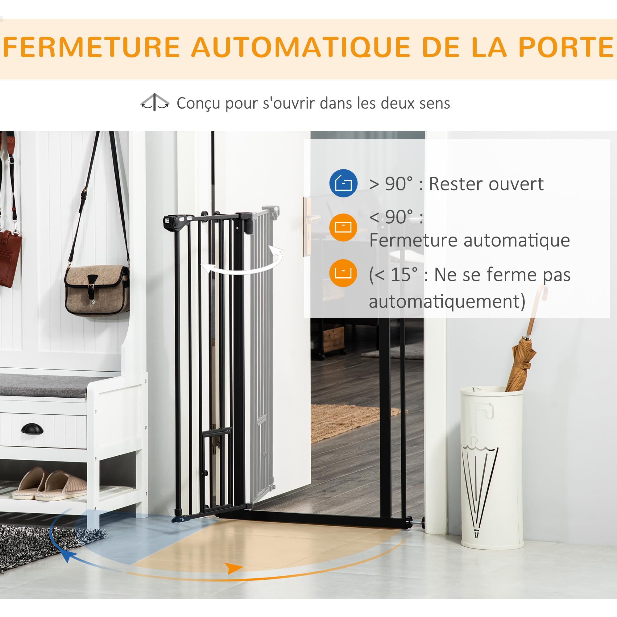 PawHut Barrière de sécurité Animaux de 104H cm Conception Haute avec Porte Chat Fermeture Automatique système de Double Verrouillage sans percage de 74 à 101 cm Acier Noir