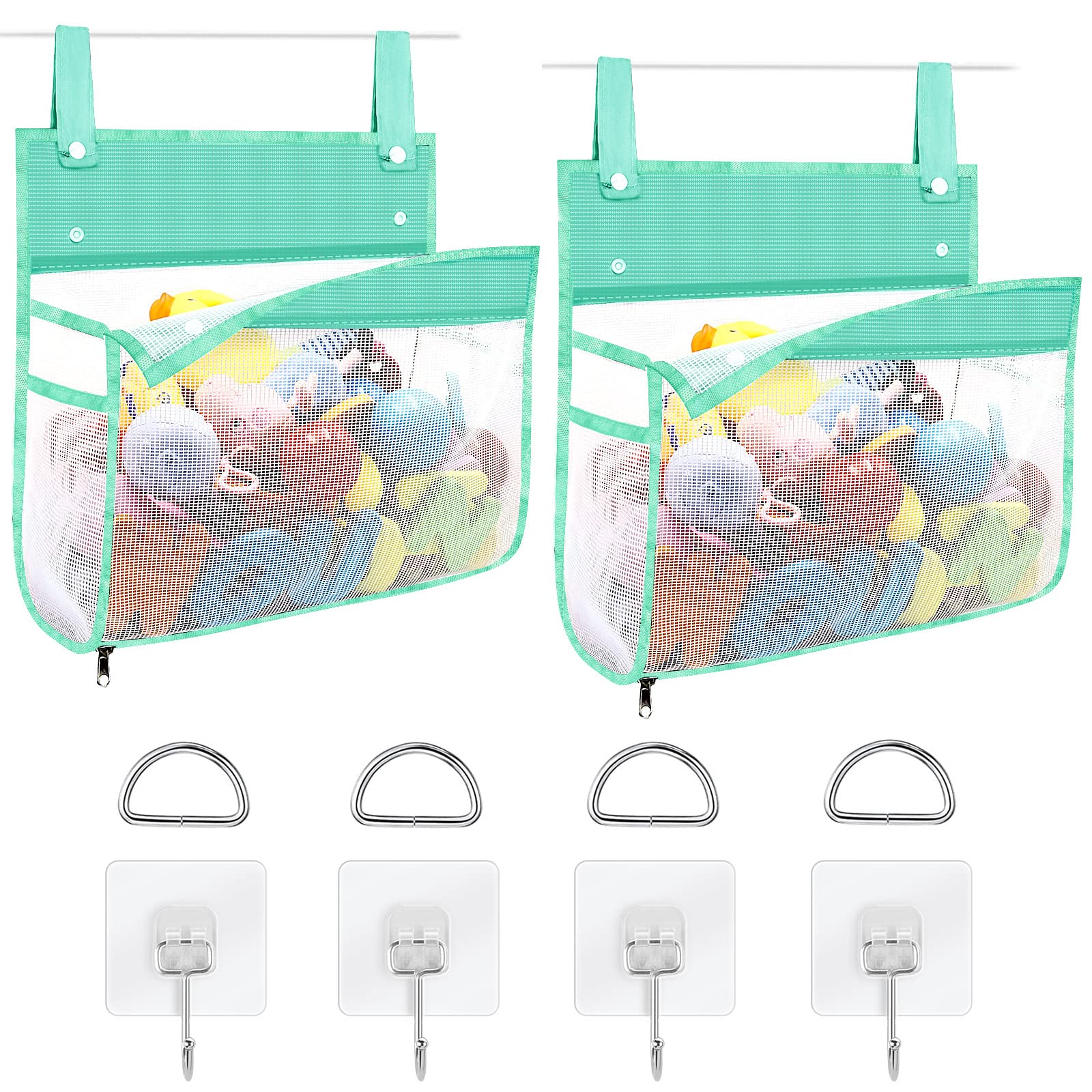 Linkidea 2 Pack Zippered Mesh Bath Toy Organizer, Bath Toy Storage Bag Multiple Ways to Hang, Bathroom Toy Mesh Bag, Bathtub Toy Storage Holder (Green)