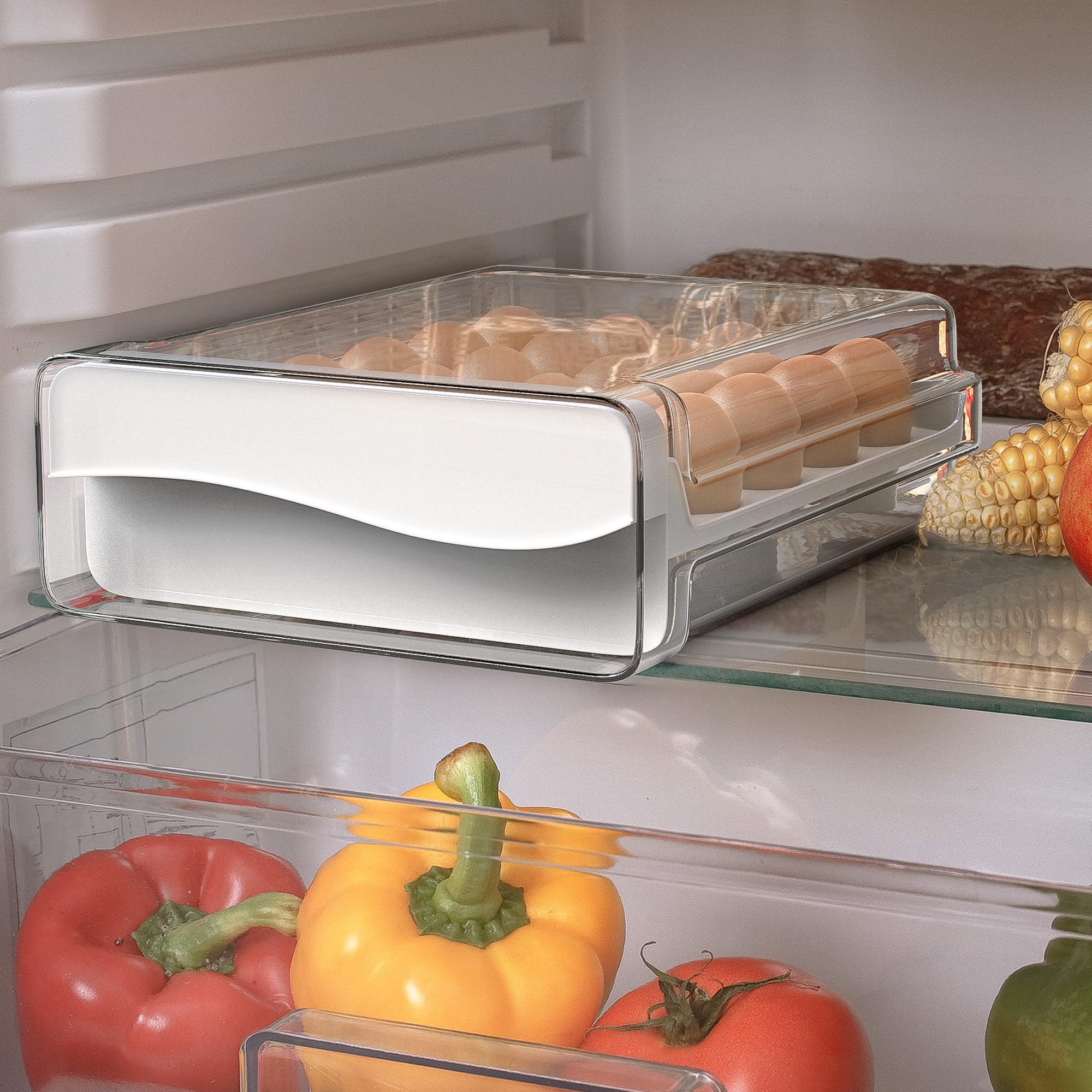 Eierbox,Eierbehälter für 20 Eier,eierbehälter für kühlschrank,Deecam Aufbewahrungsbox für Frische Eier für Kühlschrank,Eierschublade, Eierablage(1 Stück) Transparent, Weiß，Kühlschrank Organizer