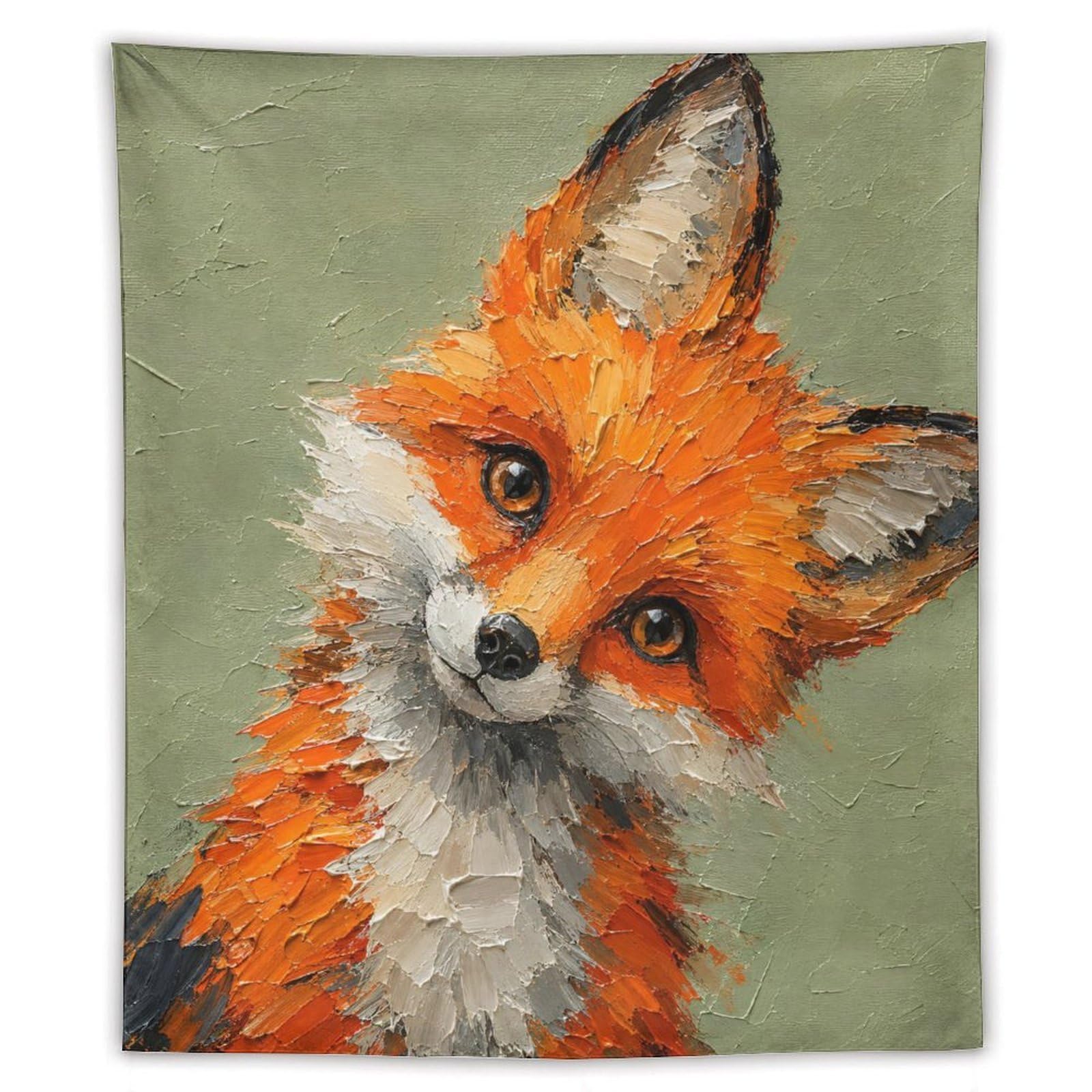 W7C8U2X3 Cute Fox Portrait Wall Tapestry, Realistic Illustration, Bed