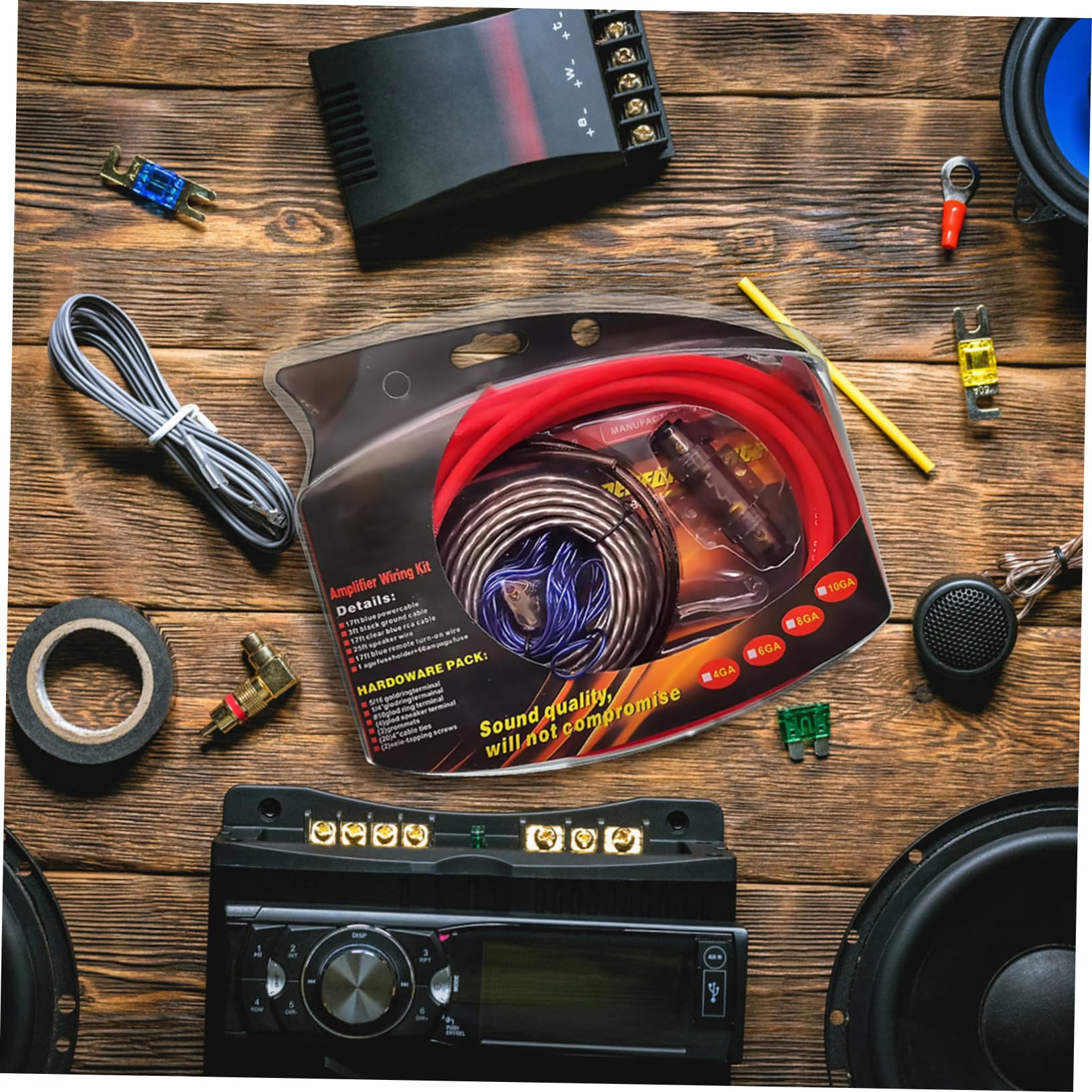 Kit de Câblage pour Amplificateur de Voiture 4 Gauge, Solution Complète D'installation pour Système Audio Auto, Porte-fusible, 1 Set