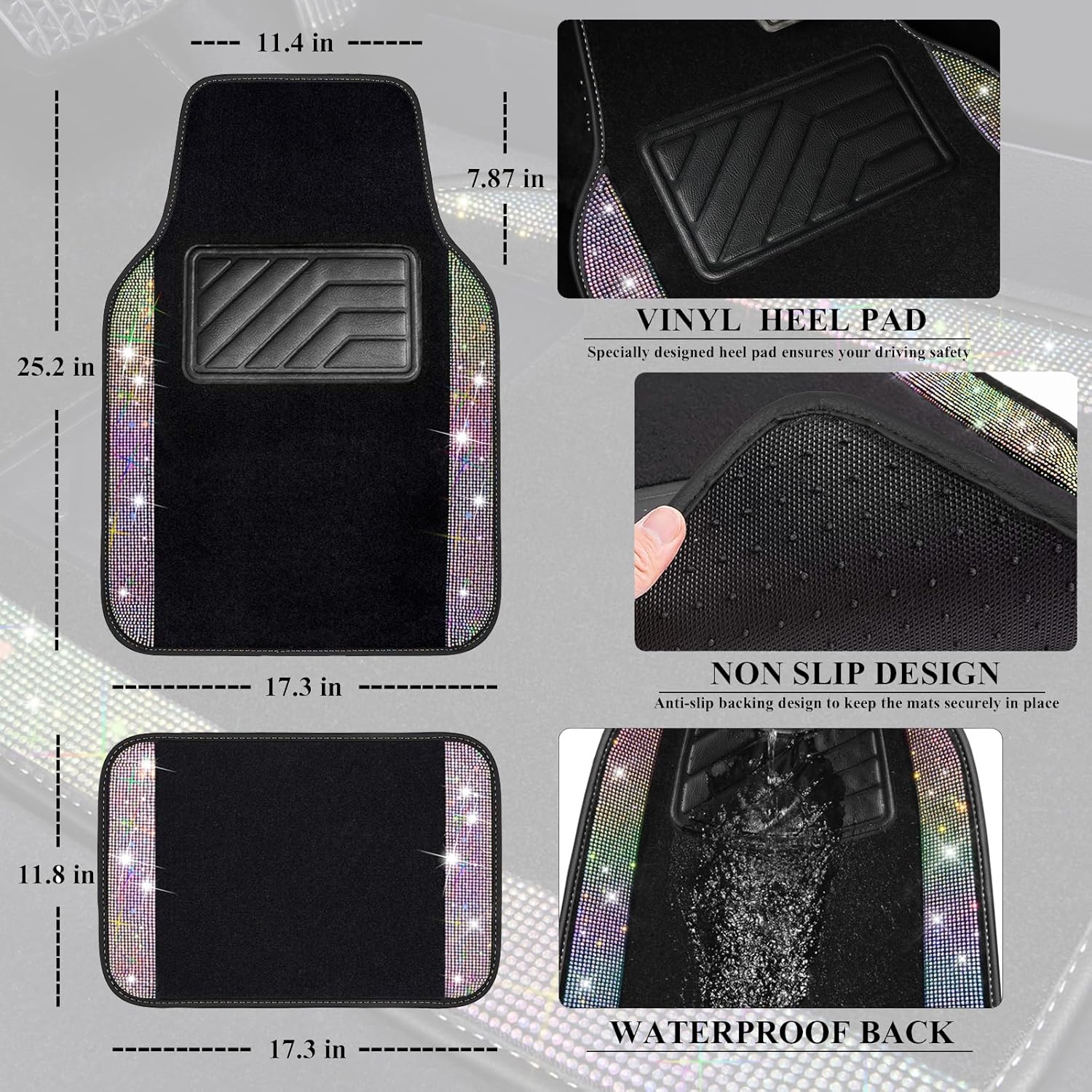 CAR PASS Iridescent Bling Rhinestones Diamond Car Floor Mats Waterproof, Anti-Slip PVC Heel Pad, Universal for Automotive SUV,Sedan,Van,4pcs Girl Women Lady Sparkly Shining Multicolor Colorful Crystal - Image 5