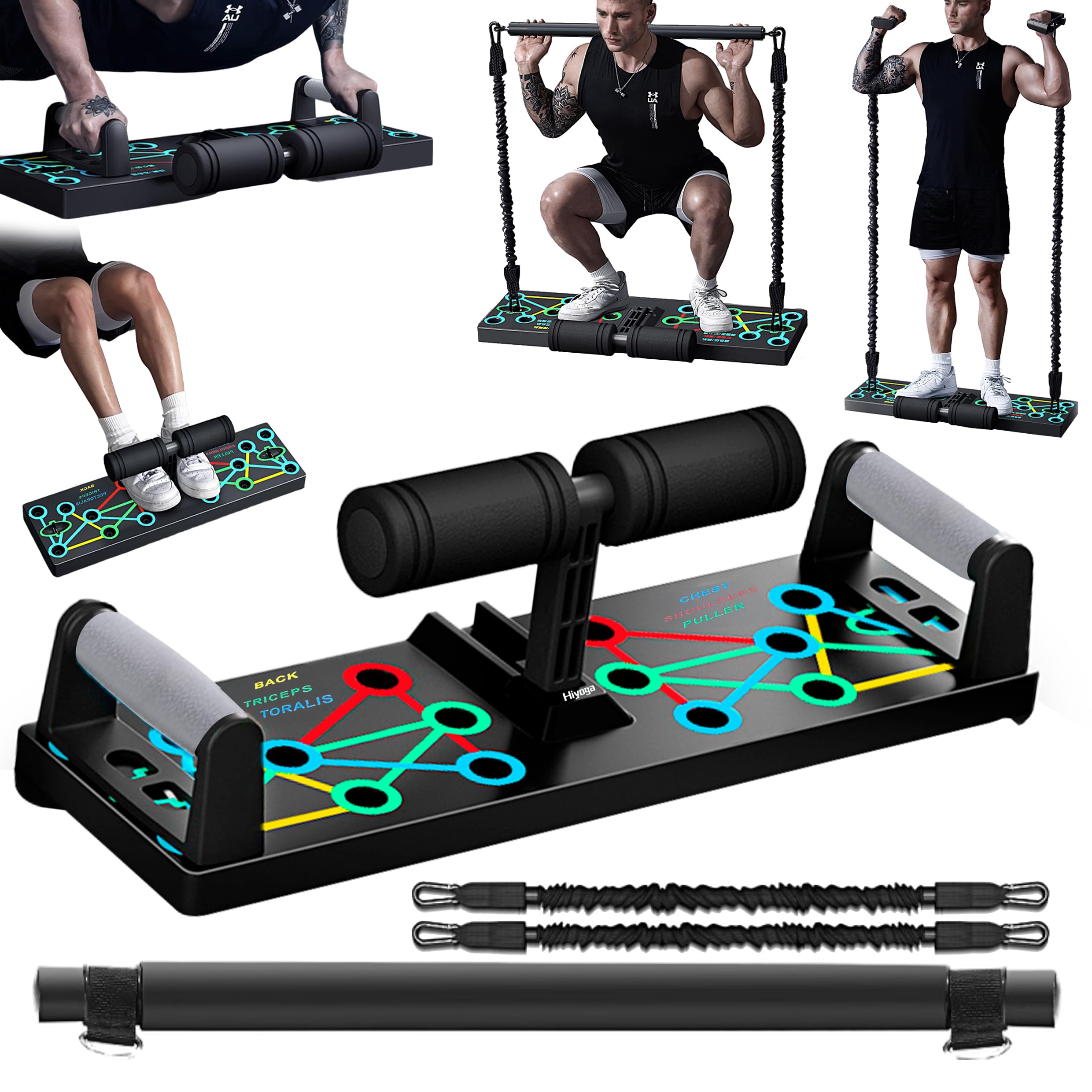 Push Up Board with Sit-Up Device, Multifunctional Home Gym with 12CM Suction Cup, Resistance Bands & Pilates Bar, Pushup Handles for Floor, Strength Training Equipment for Men and Women