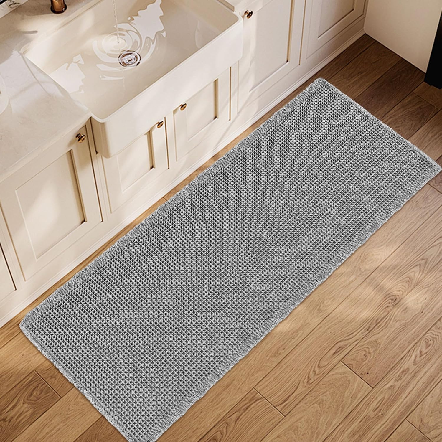 ZALL Grey Waffle Bath Mat,Super Absorbent Non Slip Long Bathroom Runner Rug,Gray 24X60inch,Machine Washable Ultra Soft Floor Mats